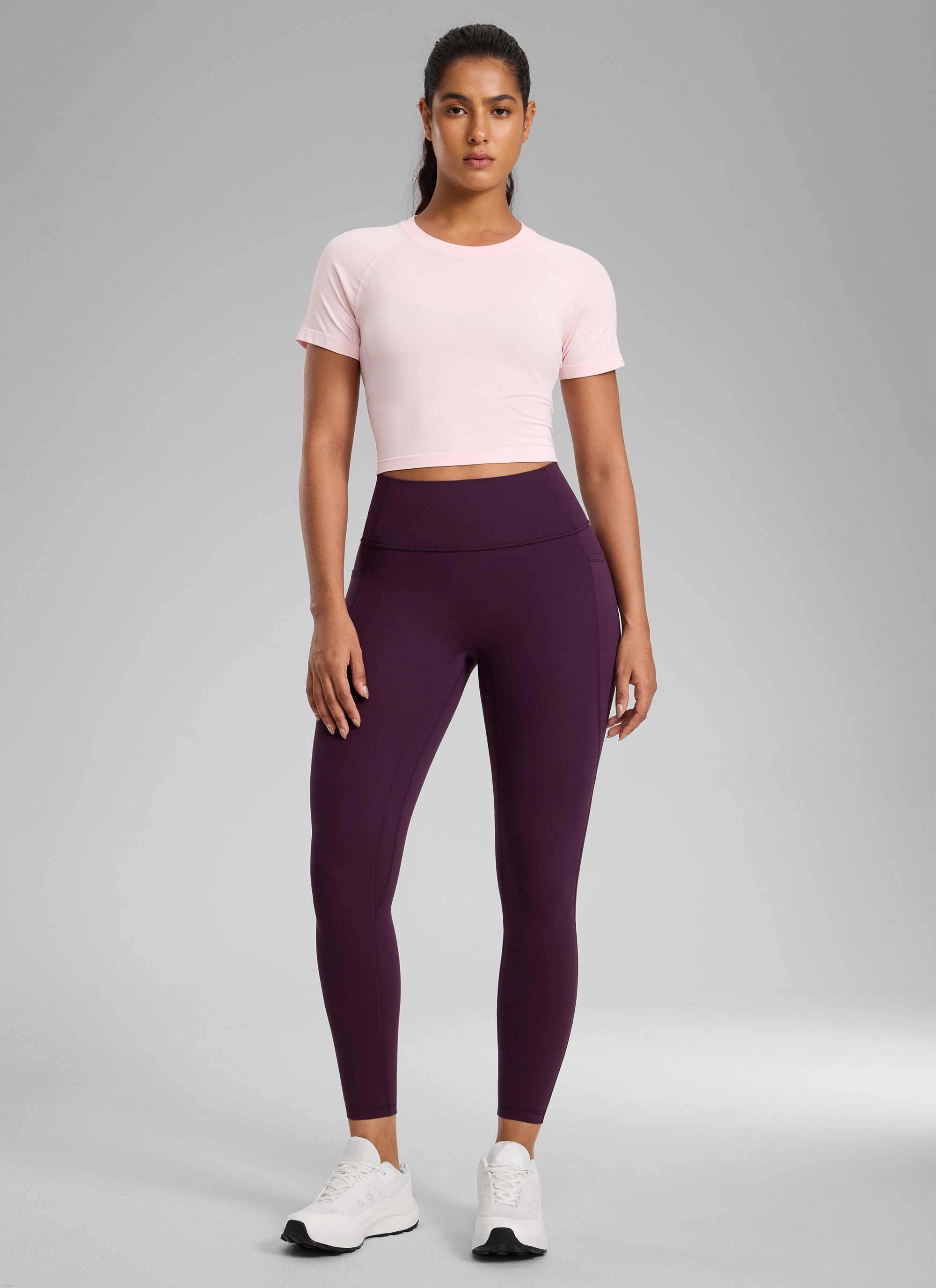 CRZ YOGA Damen Butterlift Keine Vordernaht Leggings mit Taschen-64cm Dunkellila