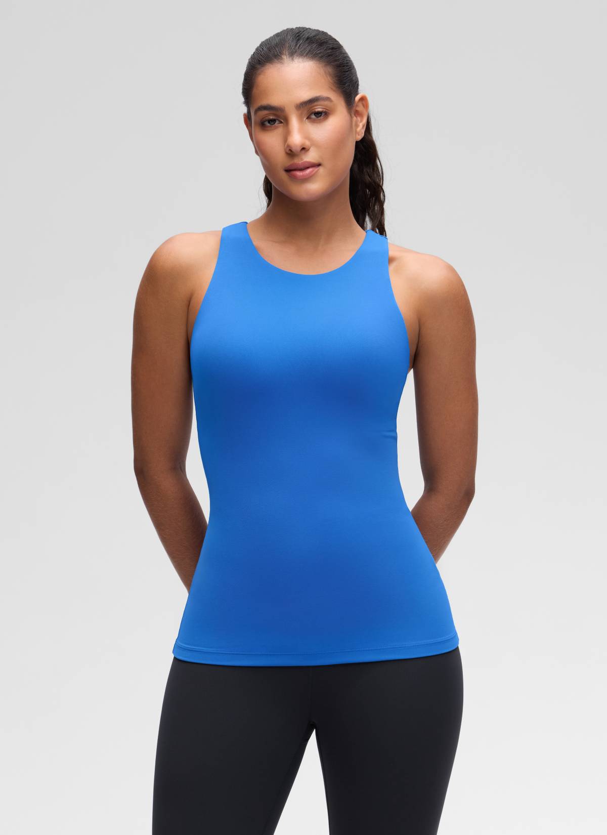 CRZ YOGA Damen Butterluxe Hüftlanges Racerback Gepolstert Tank Top Funkelndes Blau