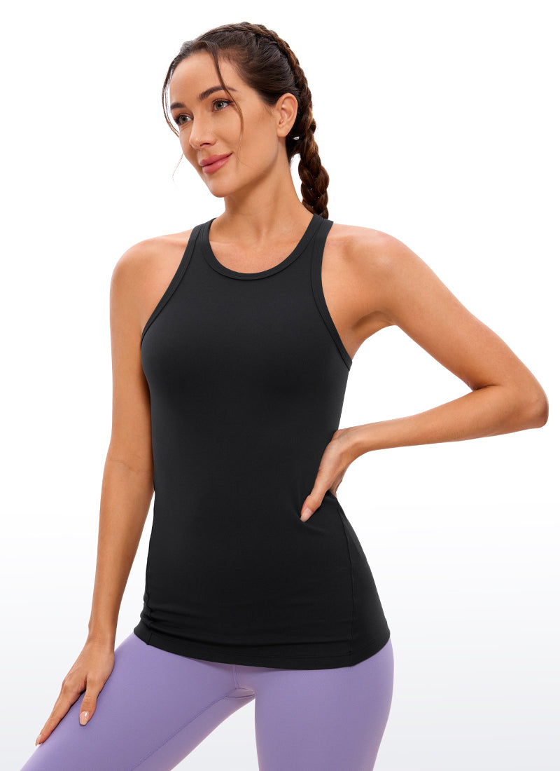 CRZ YOGA Damen Butterluxe Racerback High Neck Hüftlanges Yoga Tank Top Schwarz