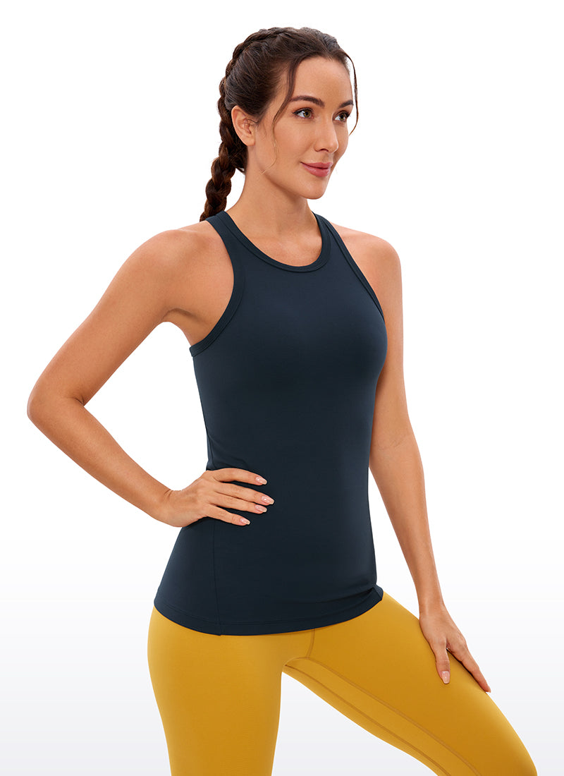CRZ YOGA Damen Butterluxe Racerback High Neck Hüftlanges Yoga Tank Top Echte Marine