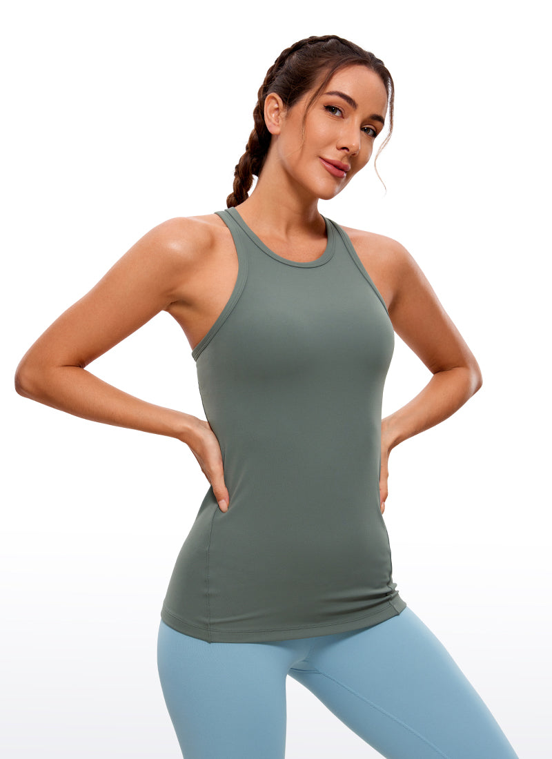 CRZ YOGA Damen Butterluxe Racerback High Neck Hüftlanges Yoga Tank Top Grauer Salbei