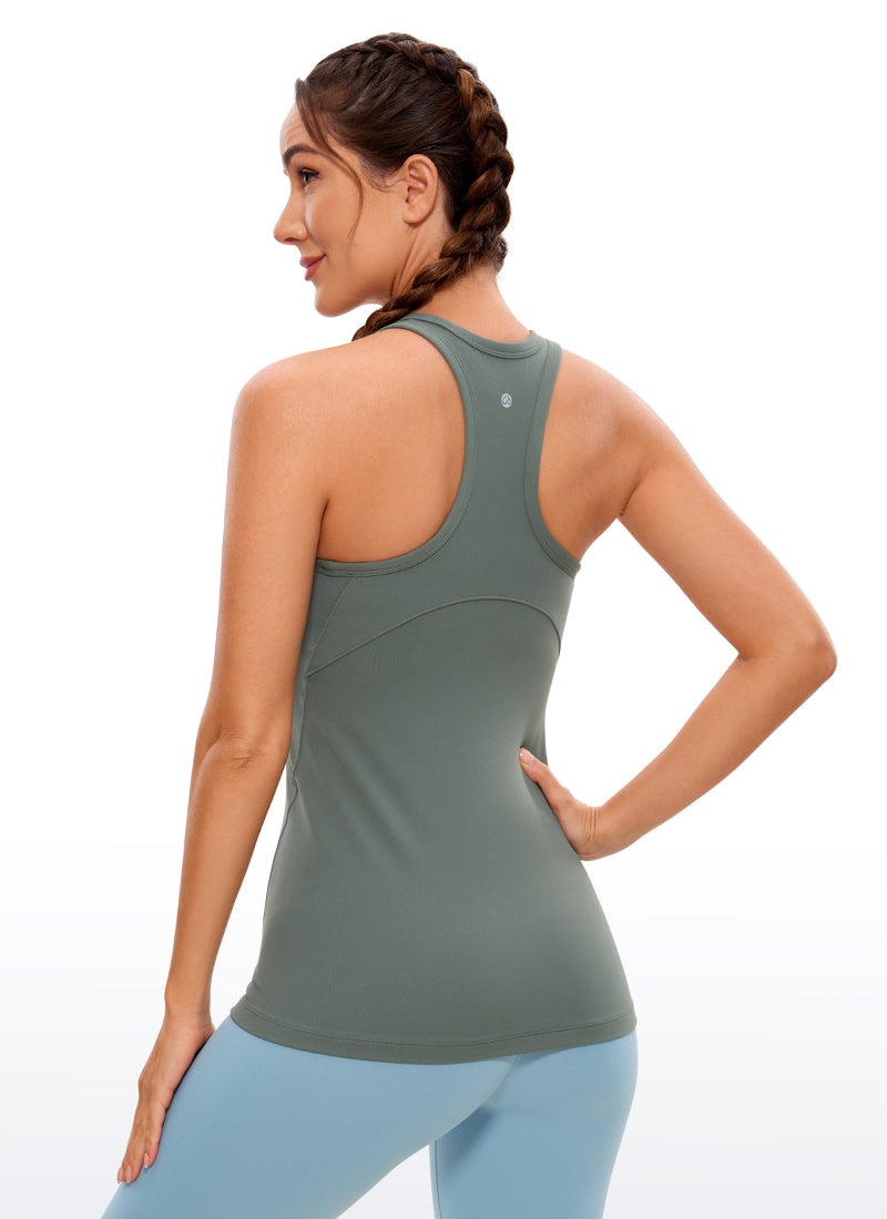 CRZ YOGA Damen Butterluxe Racerback High Neck Hüftlanges Yoga Tank Top Grauer Salbei