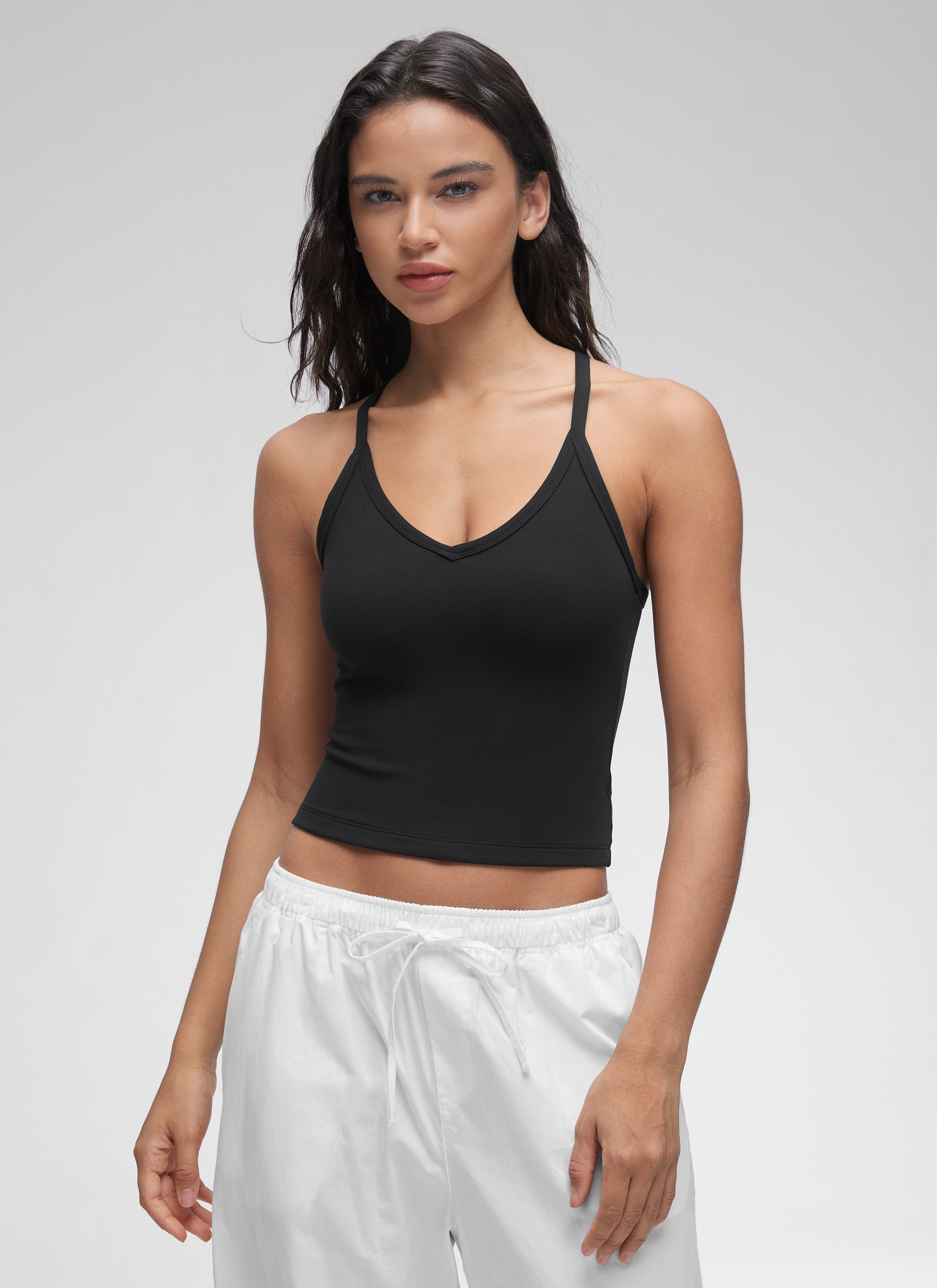 CRZ YOGA Damen Butterluxe Doppelt Gefüttert V-Ausschnitt Camisole Schwarz