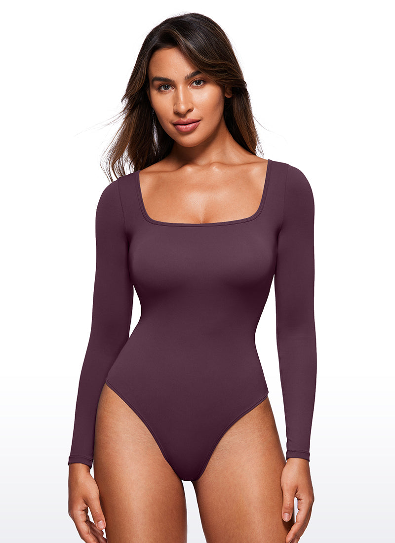 CRZ YOGA Damen Butterluxe Square neck Langarm Bodysuit Dunkellila
