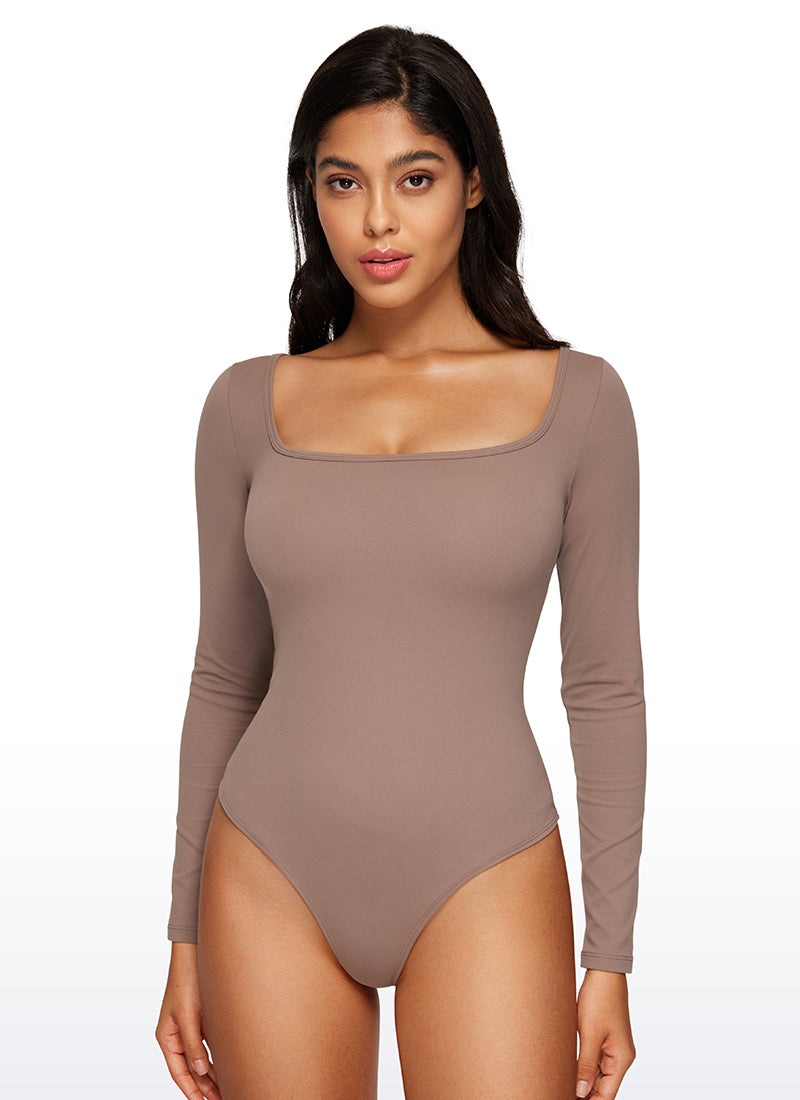 CRZ YOGA Damen Butterluxe Square neck Langarm Bodysuit Braun Lila
