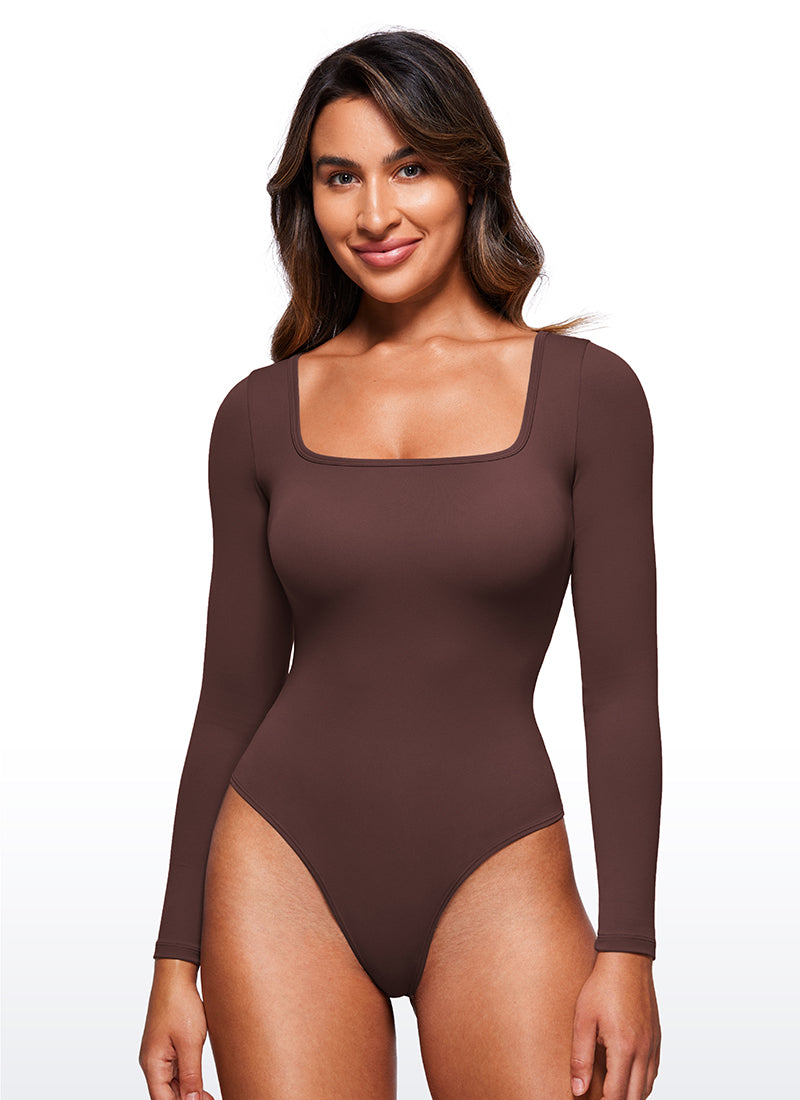 CRZ YOGA Damen Butterluxe Square neck Langarm Bodysuit Taupe