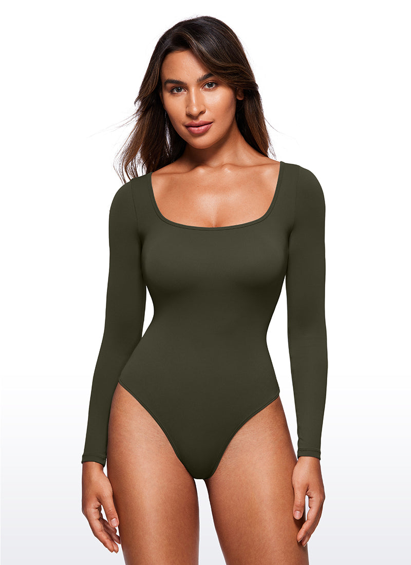 CRZ YOGA Damen Butterluxe Square neck Langarm Bodysuit Olivgrün