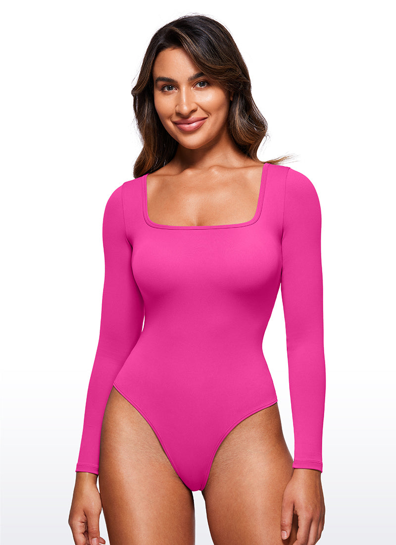 CRZ YOGA Damen Butterluxe Square neck Langarm Bodysuit Hibiskus-Purpur