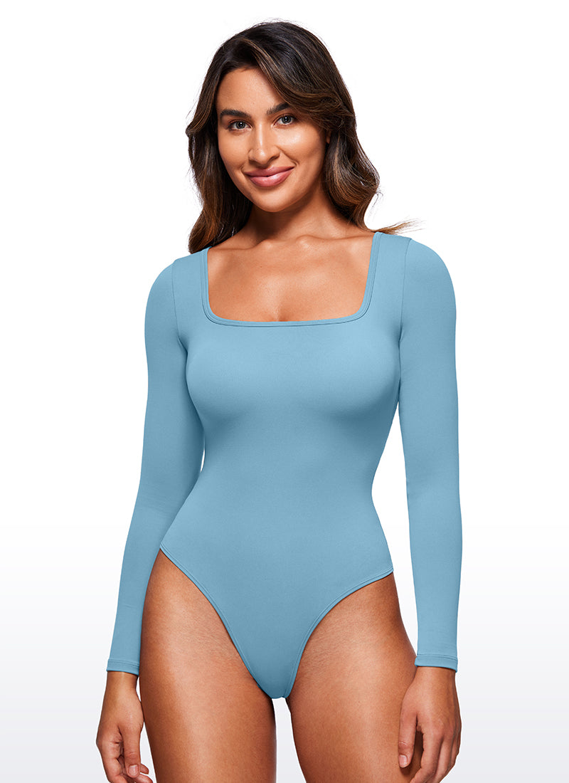 CRZ YOGA Damen Butterluxe Square neck Langarm Bodysuit Reines Blau