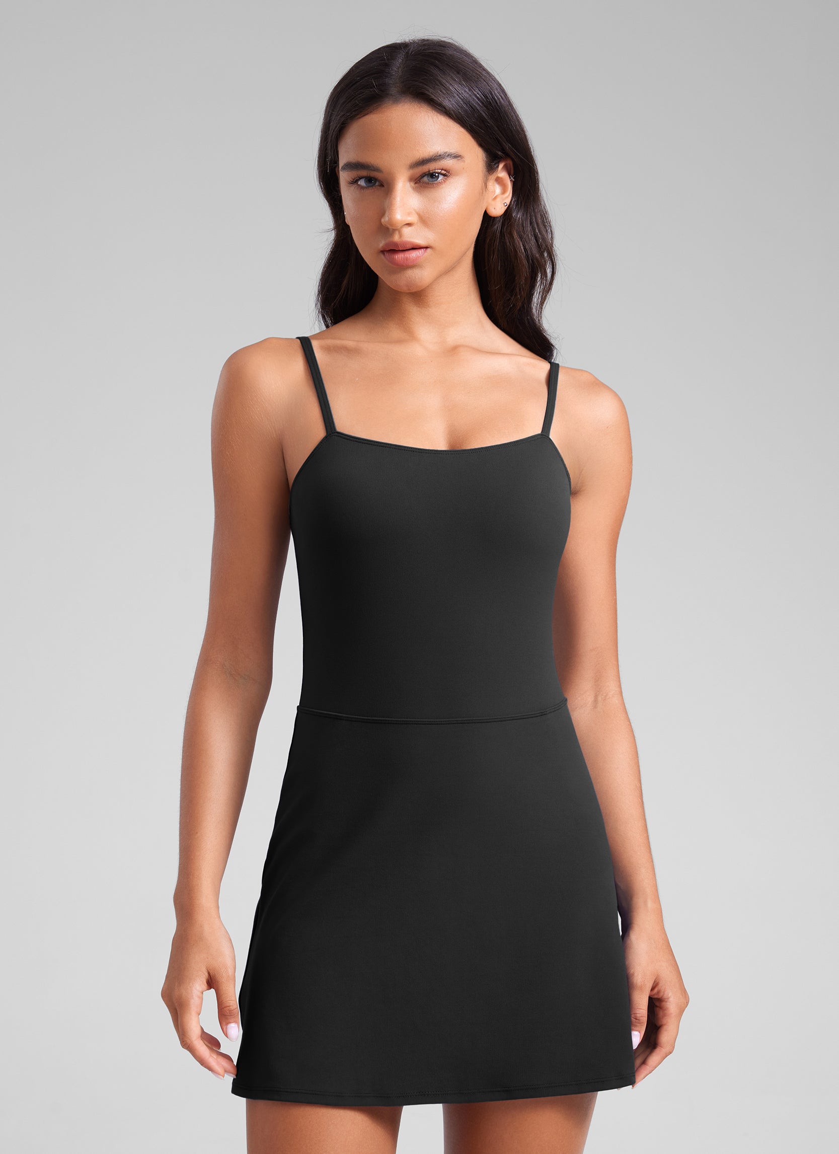 CRZ YOGA Damen Butterluxe Spaghettiträger Tenniskleid mit Shorts Schwarz