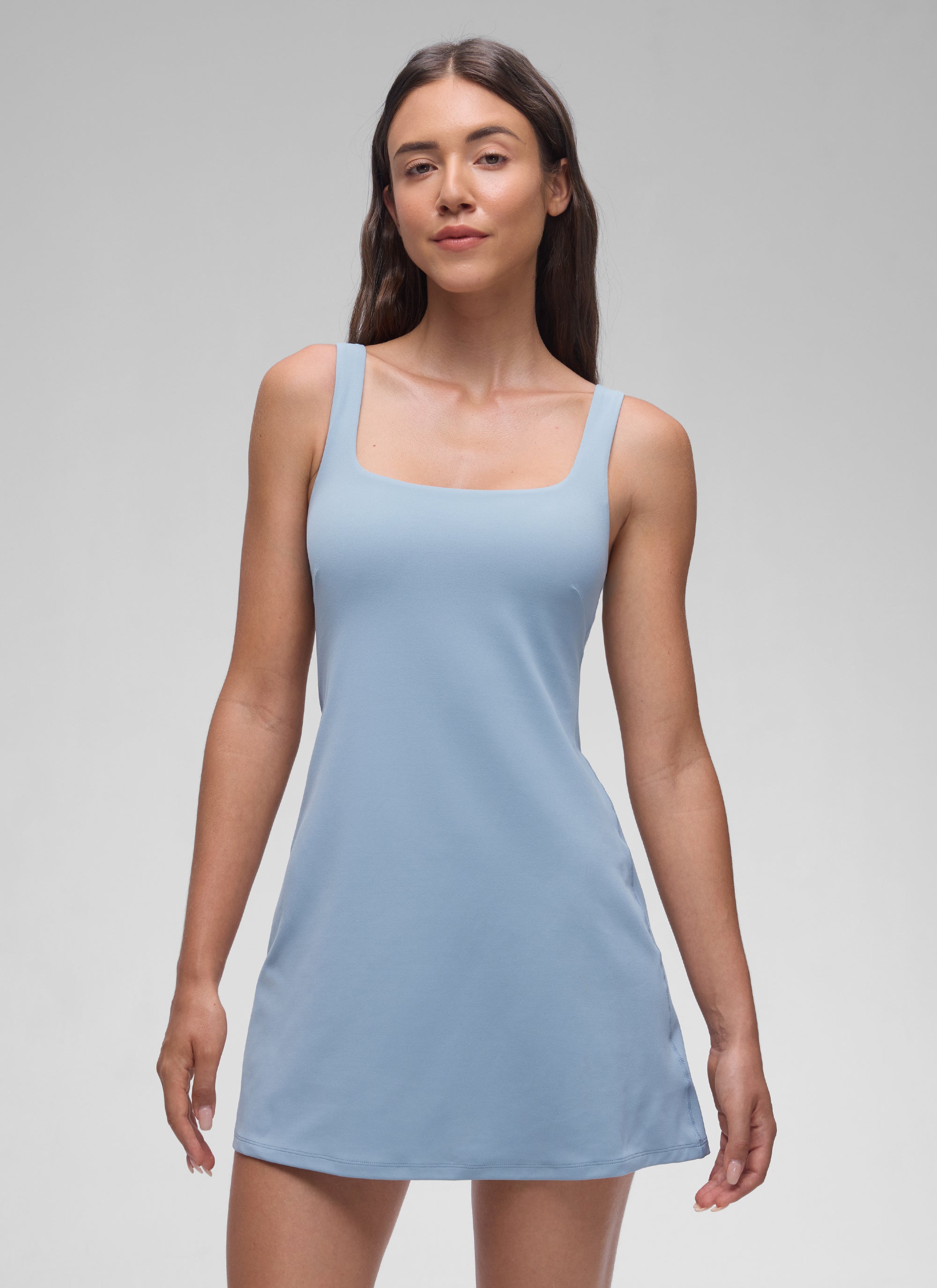 CRZ YOGA Damen Butterluxe Quadratischer Hals A-Linie Minikleid mit BH Cambric-Blau