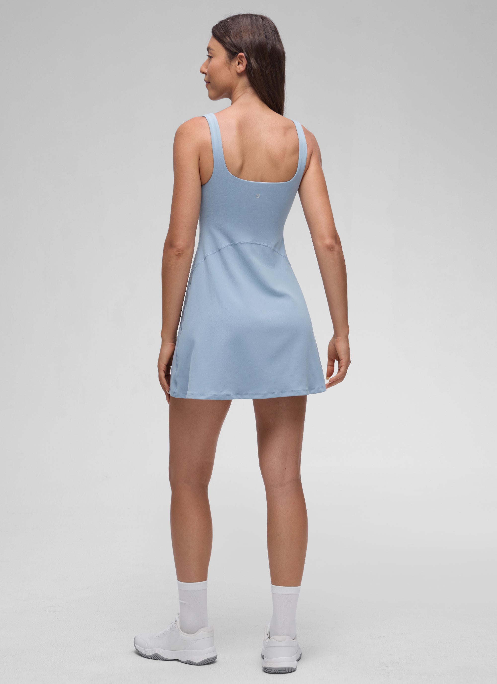 CRZ YOGA Damen Butterluxe Quadratischer Hals A-Linie Minikleid mit BH Cambric-Blau