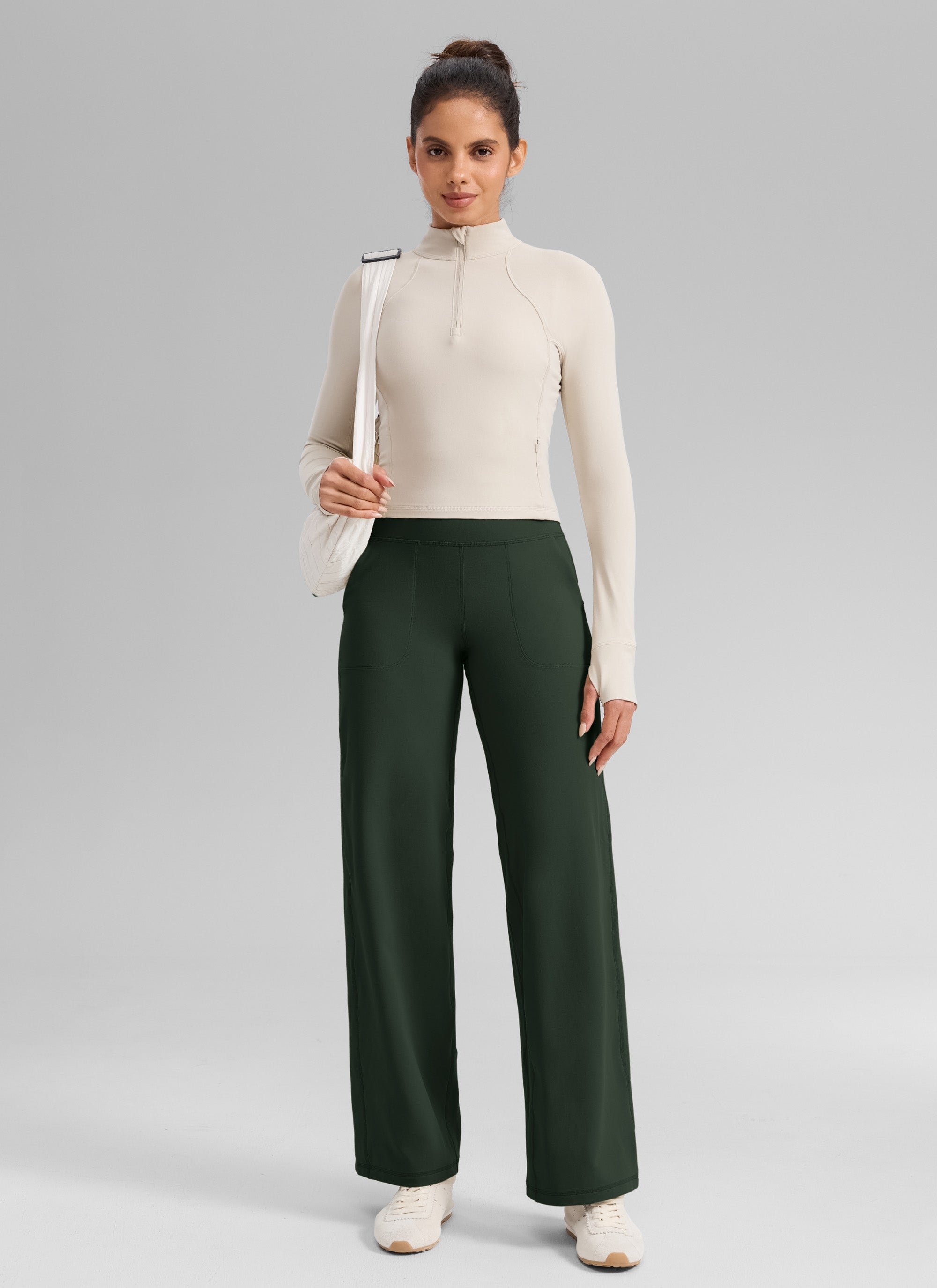 CRZ YOGA Damen Butterlift Weites Bein Hose mit Taschen - 79cm Legende Grün