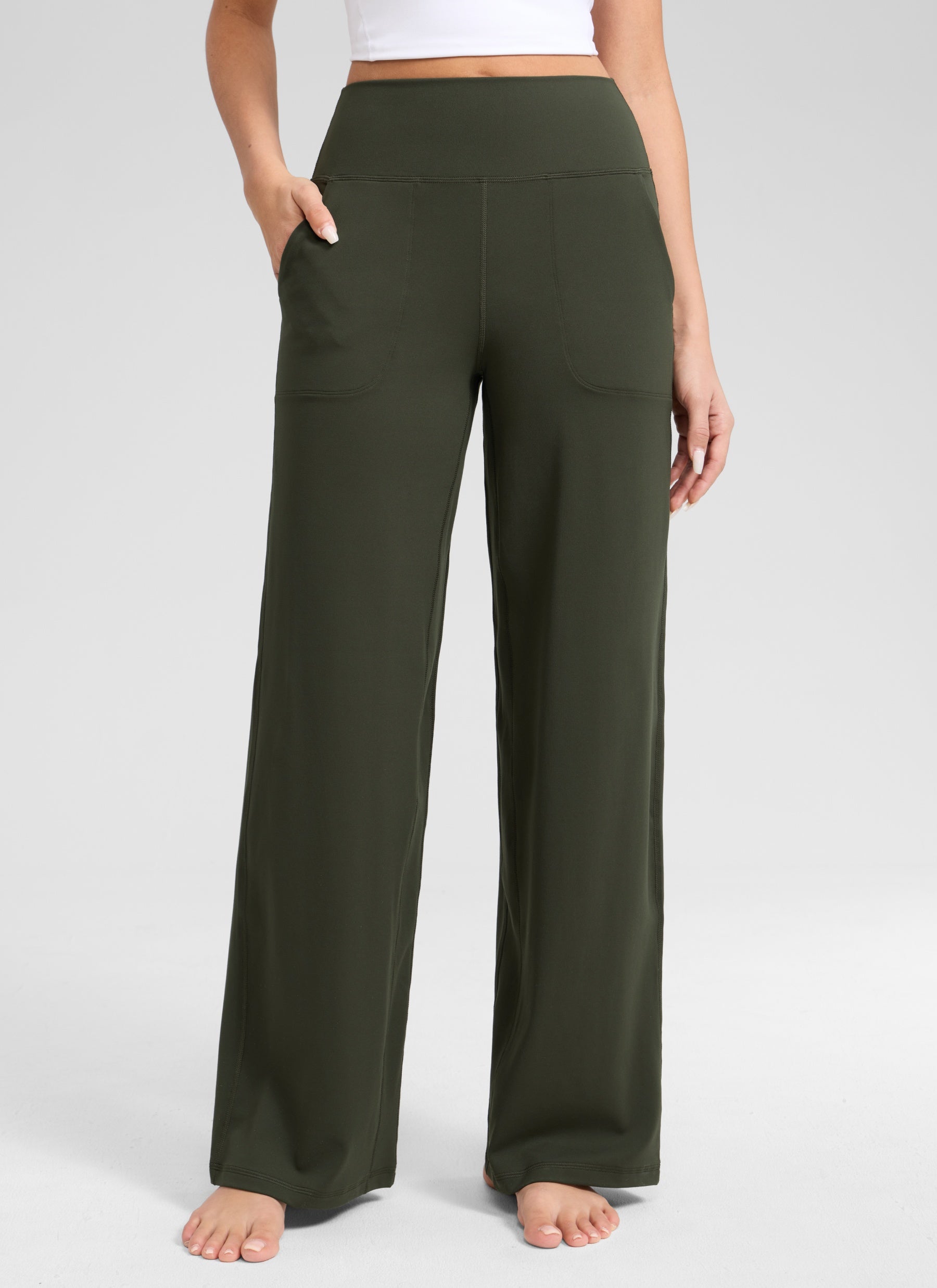 CRZ YOGA Damen Butterlift Weites Bein Hose mit Taschen - 79cm Olivgrün