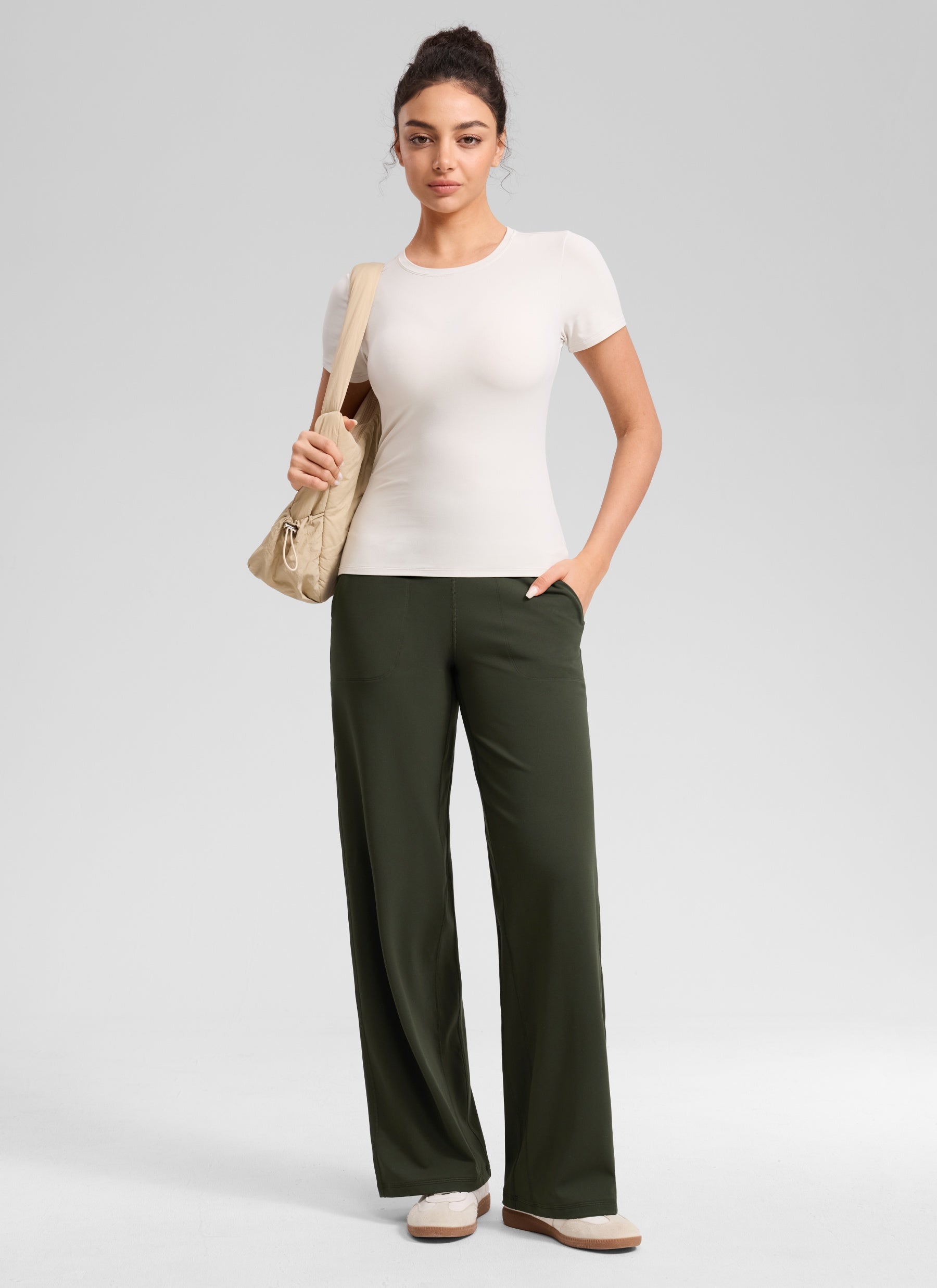 CRZ YOGA Damen Butterlift Weites Bein Hose mit Taschen - 79cm Olivgrün