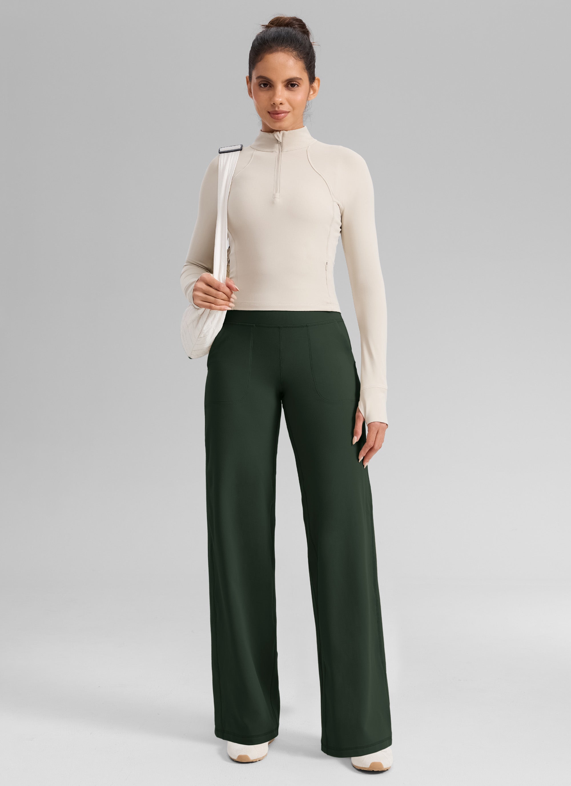CRZ YOGA Damen Butterlift Weites Bein Hose mit Taschen - 84cm Legende Grün