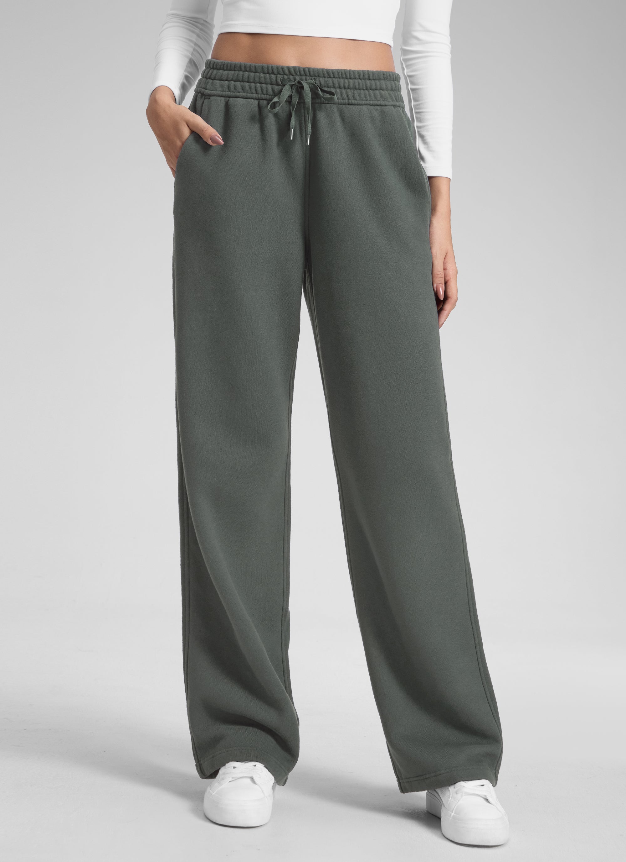 CRZ YOGA Damen Gefütterte Baumwolle Hose mit Taschen - 76 cm Grauer Salbei @model_info:Jenna