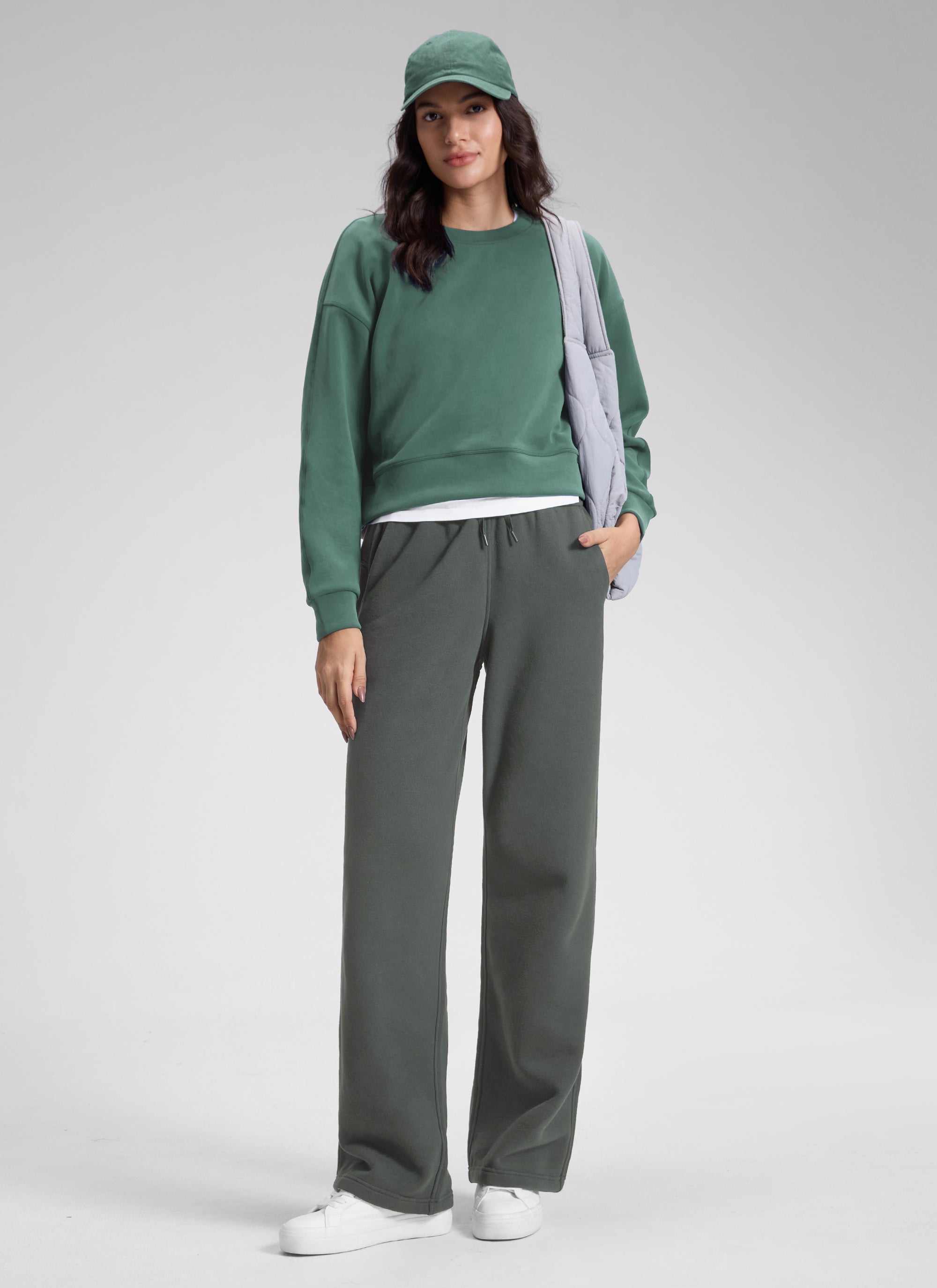 CRZ YOGA Damen Gefütterte Baumwolle Hose mit Taschen - 76 cm Grauer Salbei @model_info:Jenna