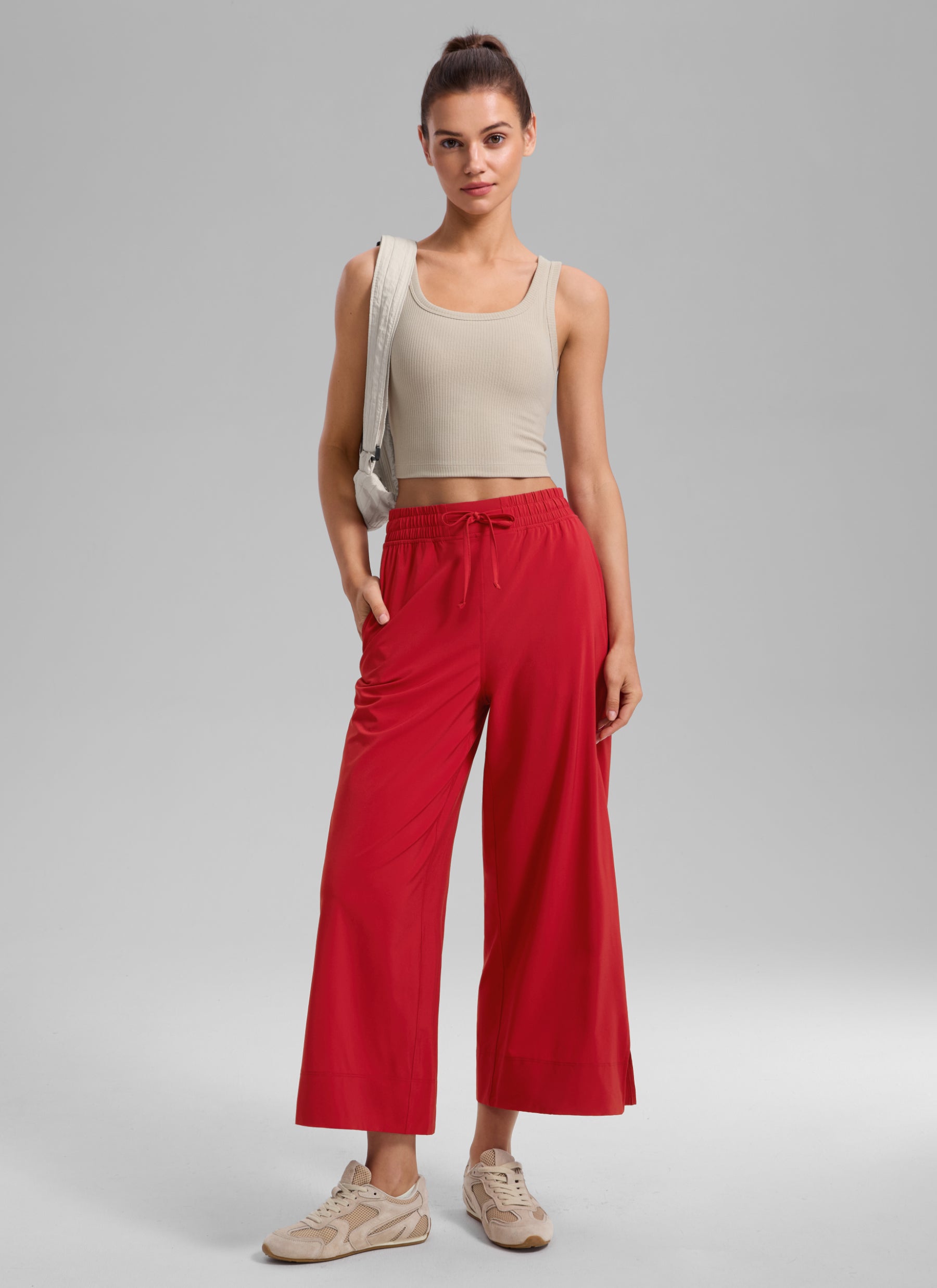 CRZ YOGA Damen Leicht Weites Bein mit Taschen - 64cm Rubinrot