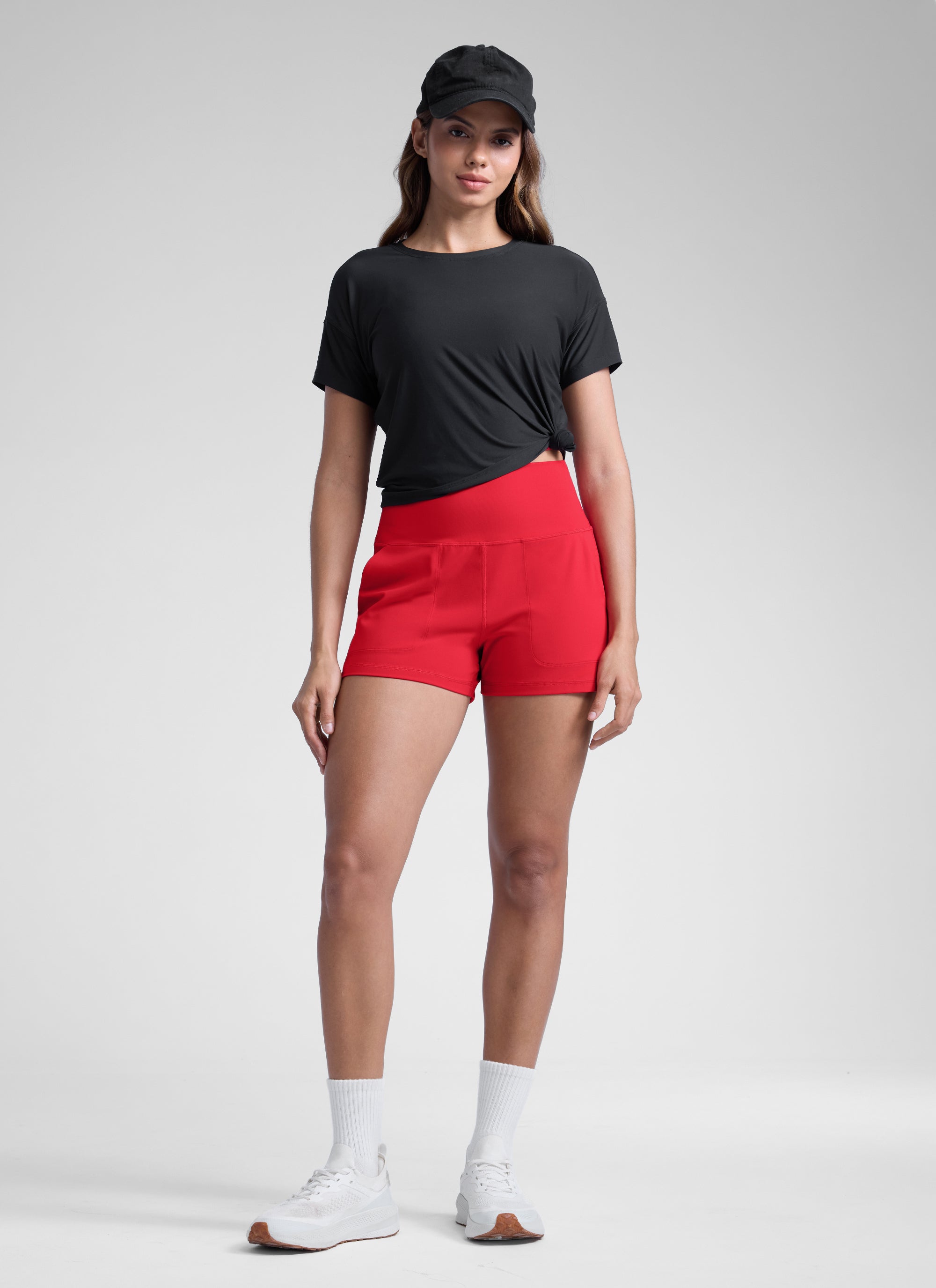 CRZ YOGA Damen Butterlift Shorts mit Taschen ohne Liner - 8 cm Aurora Rot