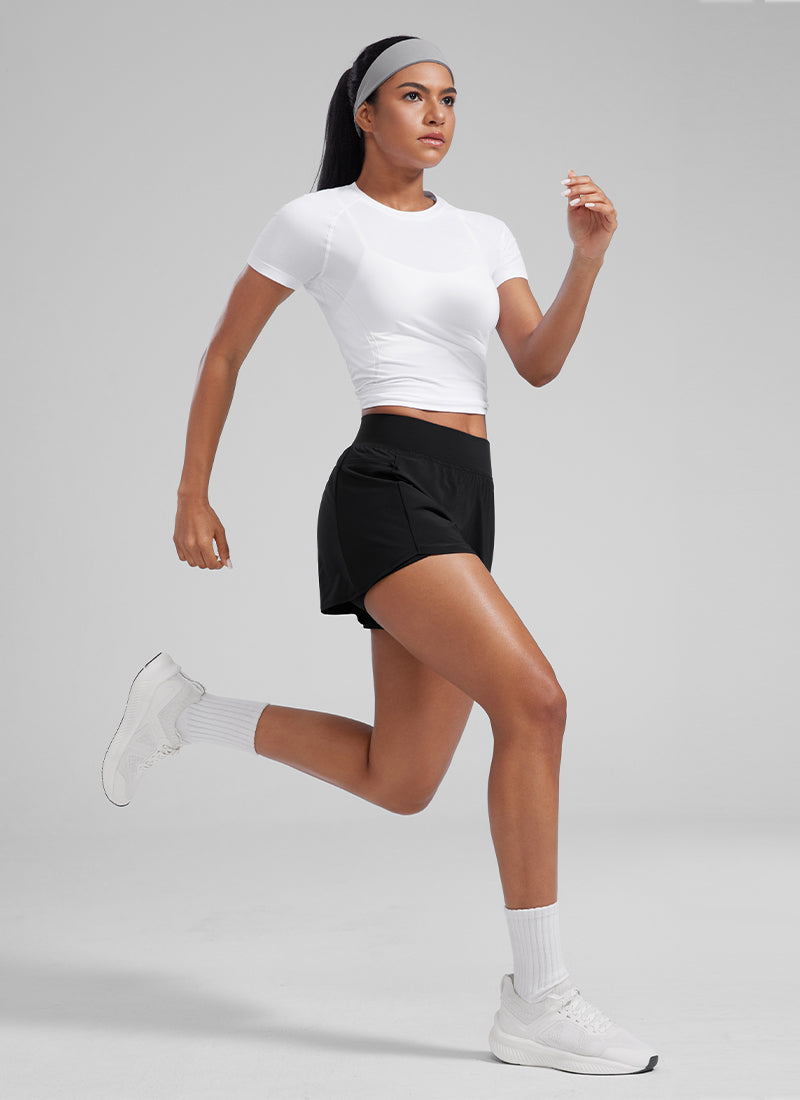 CRZ YOGA Damen 2 in 1 Laufshorts mit Reißverschlusstaschen - 8 cm Schwarz