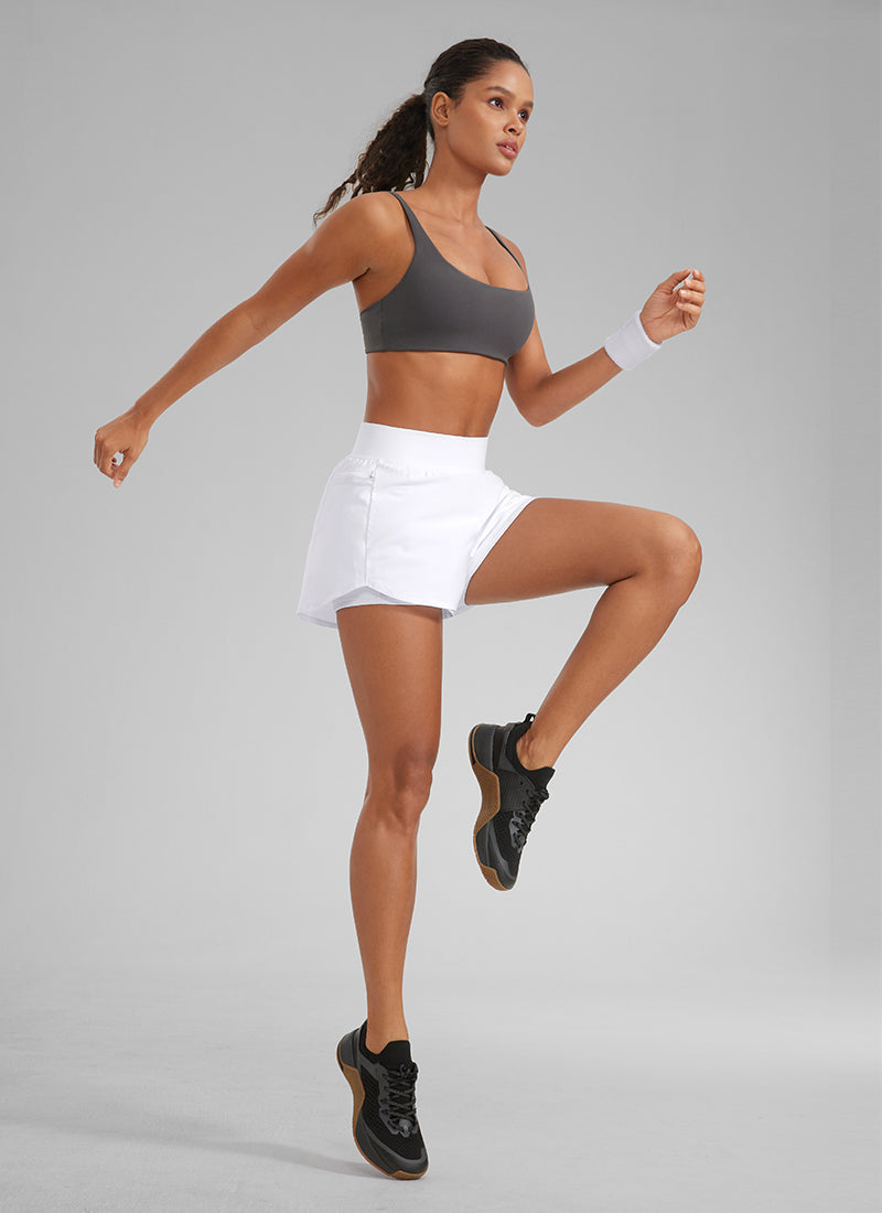 CRZ YOGA Damen 2 in 1 Laufshorts mit Reißverschlusstaschen - 8 cm Weiss