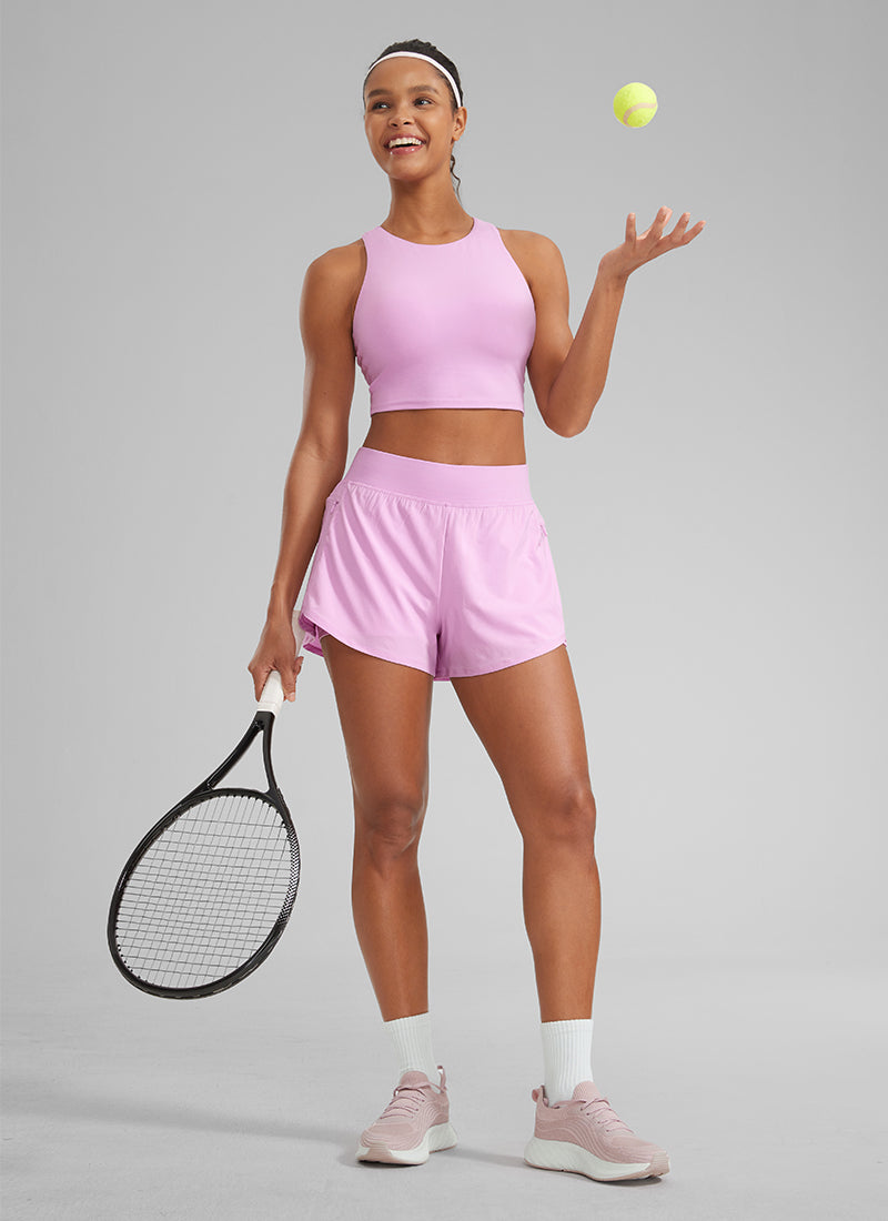CRZ YOGA Damen 2 in 1 Laufshorts mit Reißverschlusstaschen - 8 cm Vita Rosa