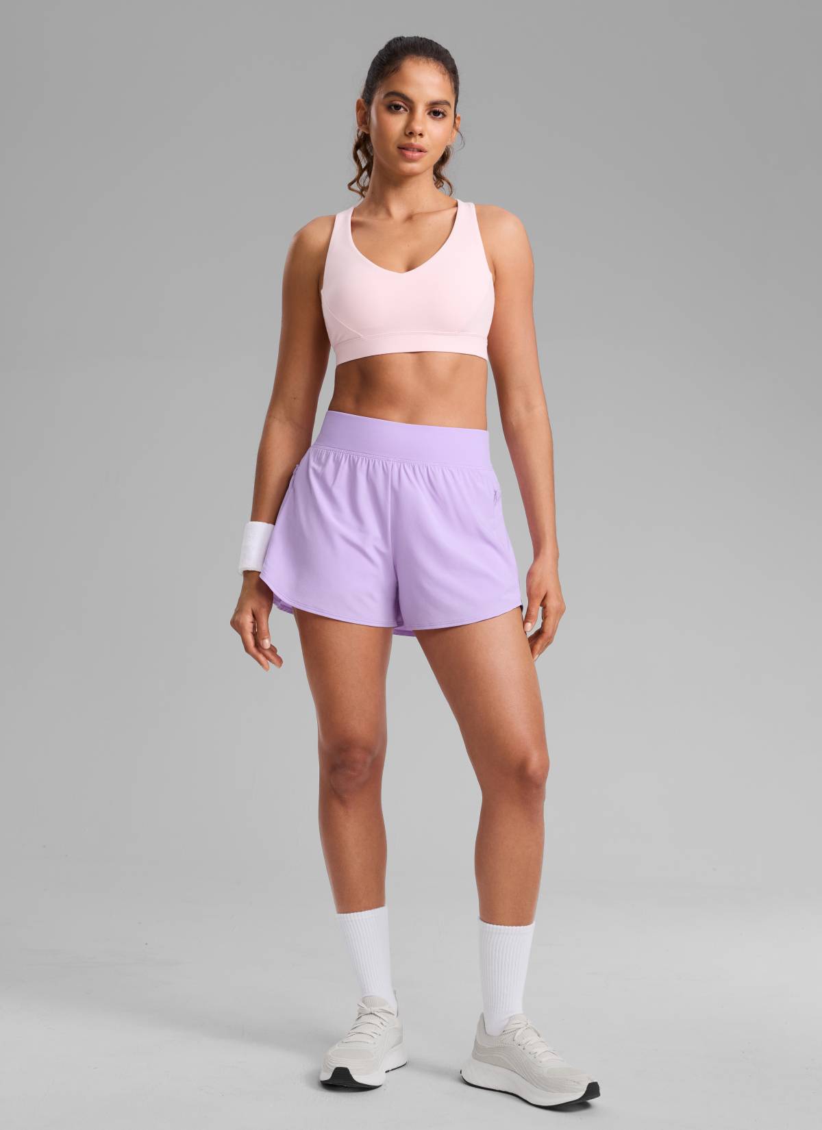 CRZ YOGA Damen 2 in 1 Laufshorts mit Reißverschlusstaschen - 8 cm Flieder