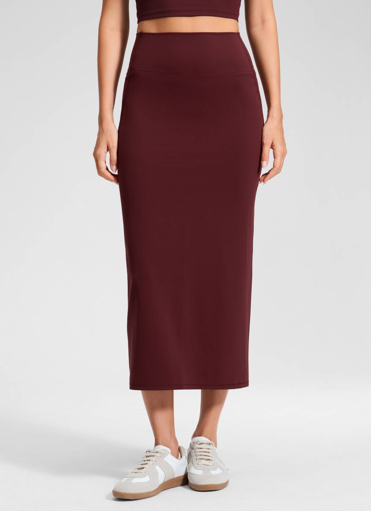 CRZ YOGA Damen Butterlift Maxi Bleistiftrock mit Rückenschlitz Roter Merlot @model_info:Anna