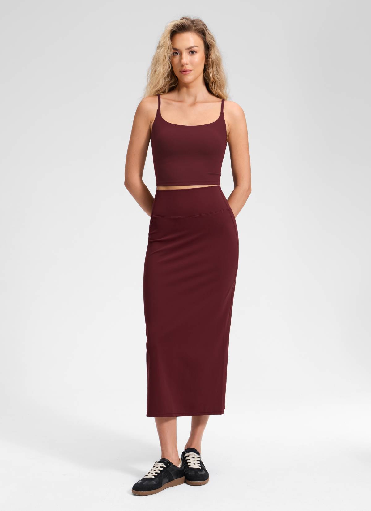 CRZ YOGA Damen Butterlift Maxi Bleistiftrock mit Rückenschlitz Roter Merlot