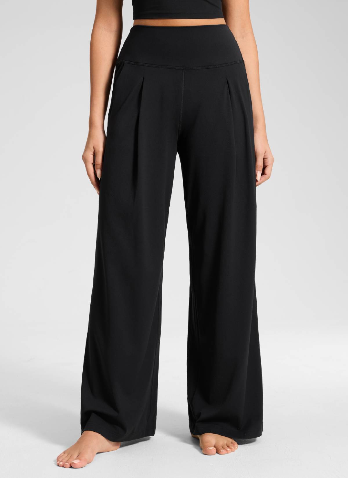CRZ YOGA Damen Butterluxe Palazzo Hose mit Taschen und Falten - 76cm Schwarz