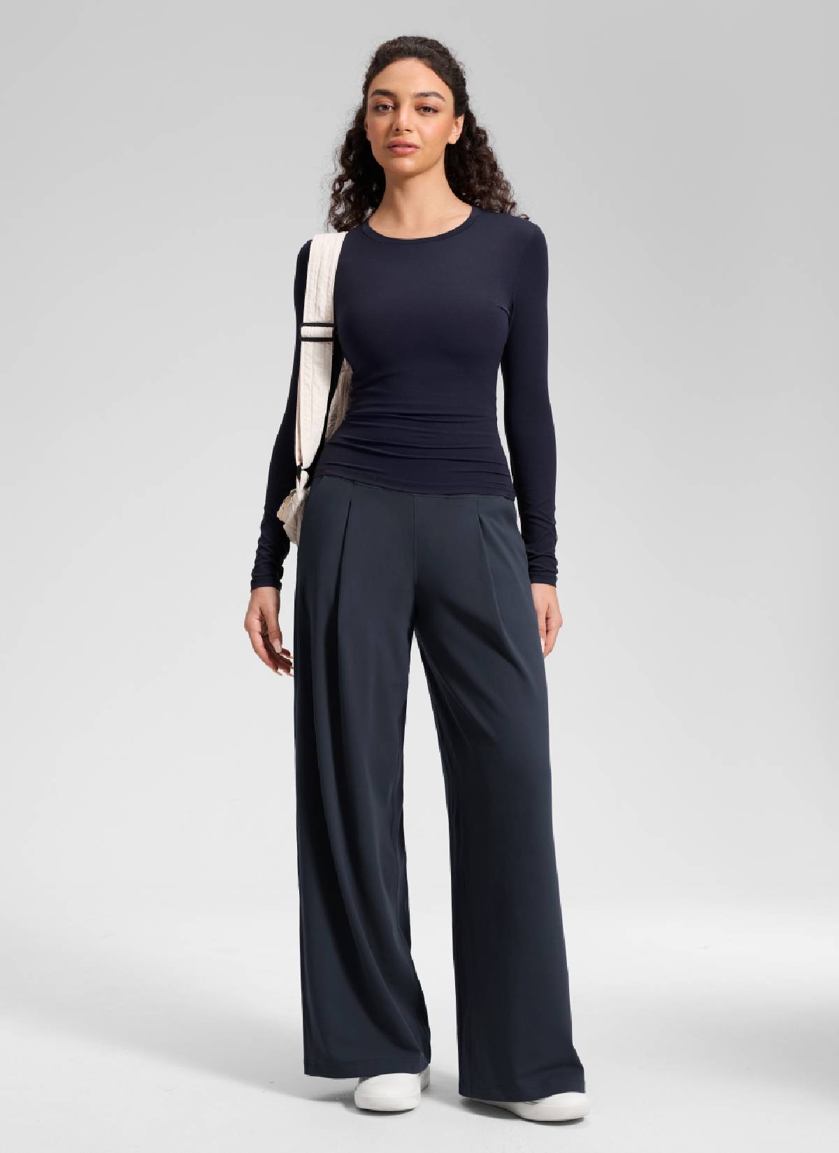 CRZ YOGA Damen Butterluxe Palazzo Hose mit Taschen und Falten - 76cm Echte Marine