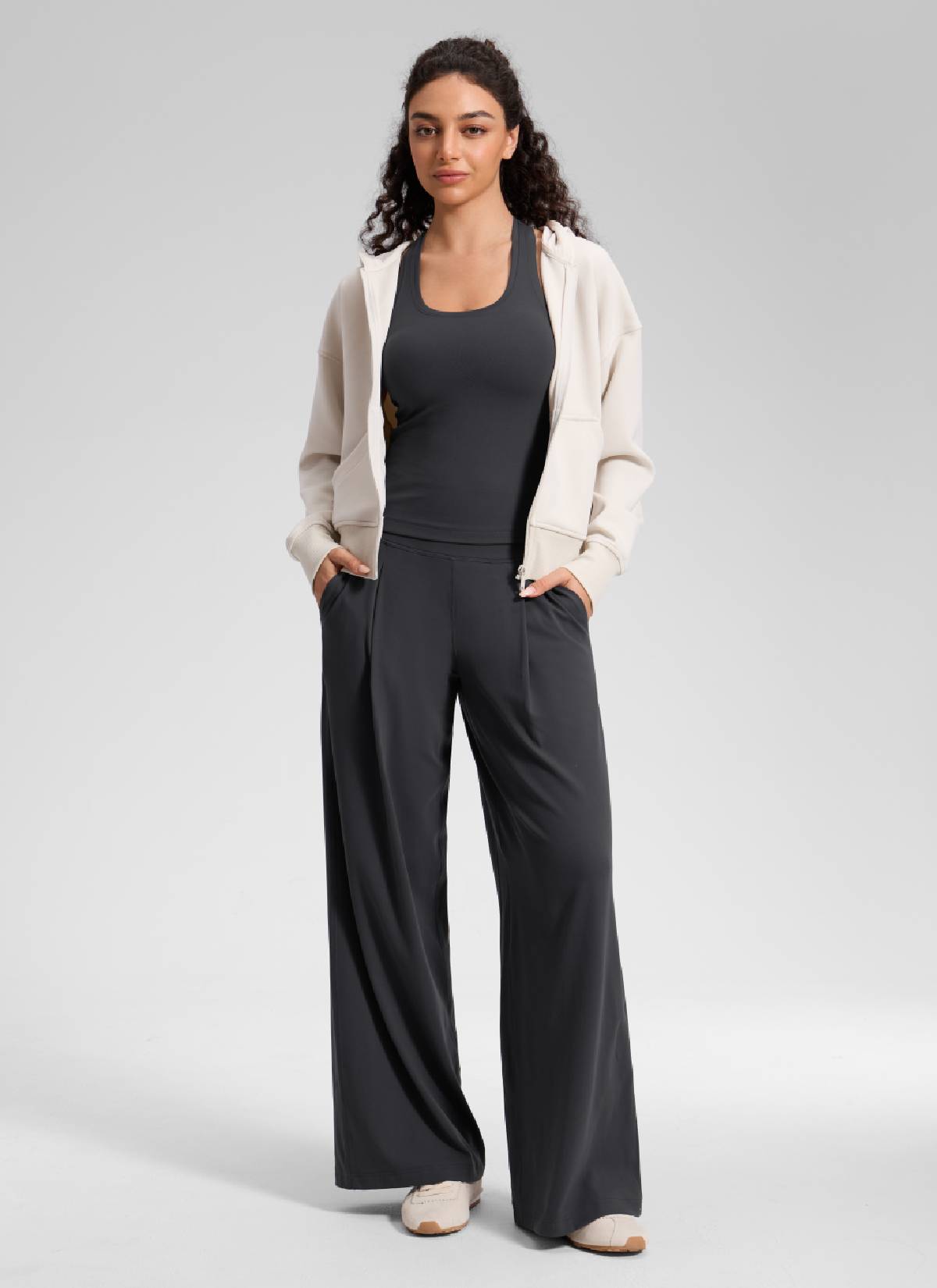 CRZ YOGA Damen Butterluxe Palazzo Hose mit Taschen und Falten - 76cm Mysteriöses Grau