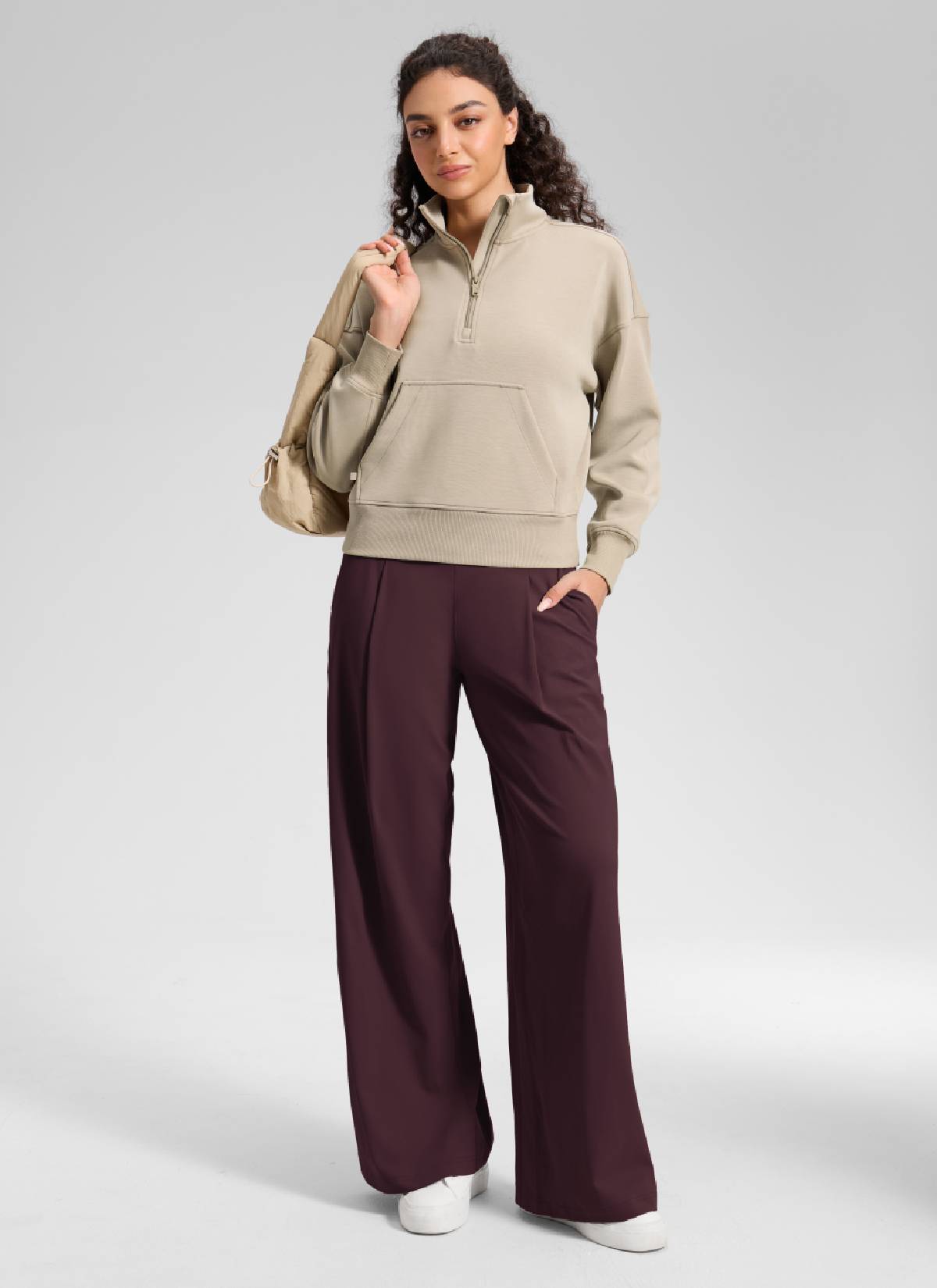 CRZ YOGA Damen Butterluxe Palazzo Hose mit Taschen und Falten - 76cm Reife Pflaume