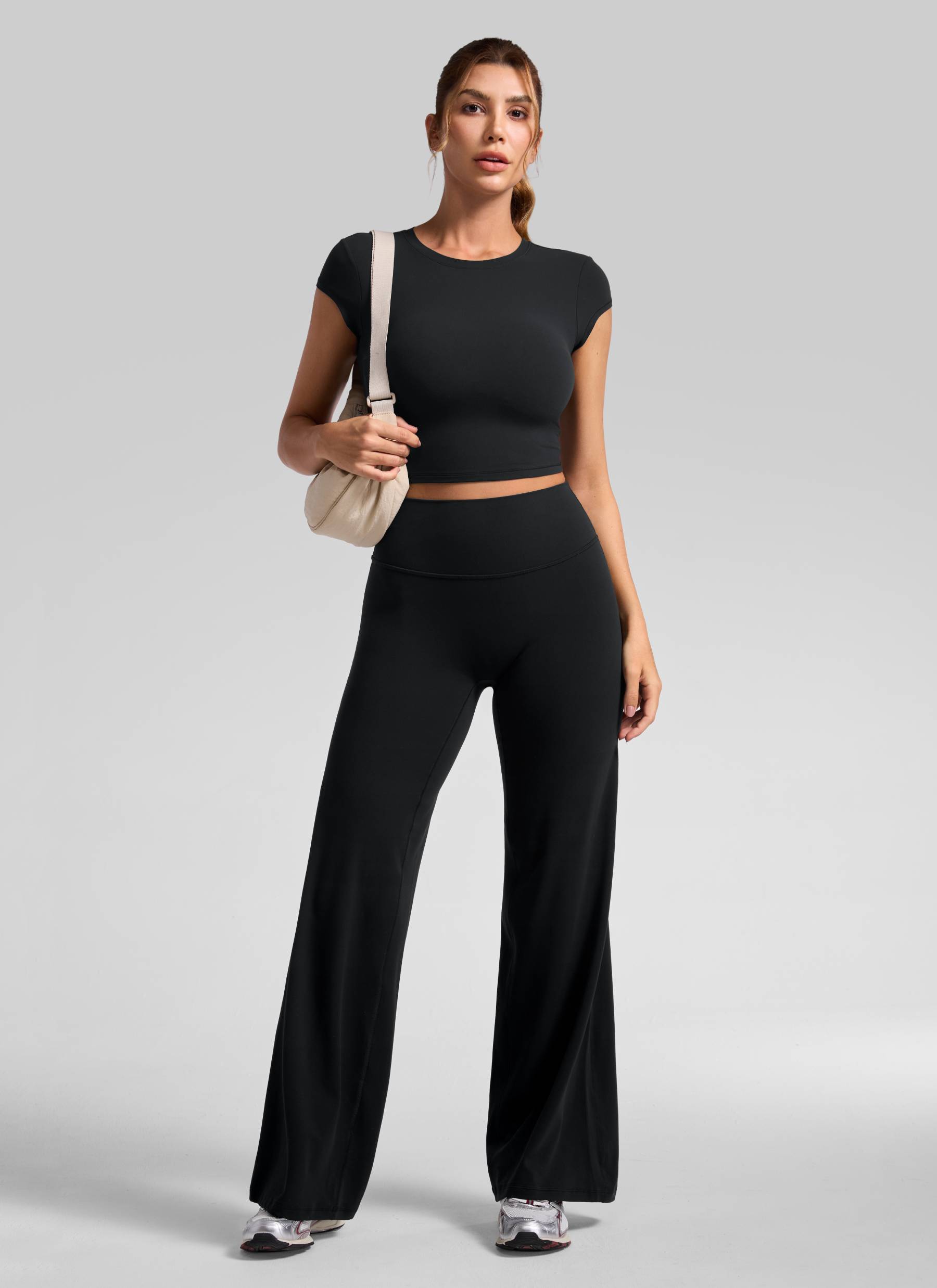 CRZ YOGA Damen Softretch Hohe Taille Weites Bein Yoga Leggings - 81cm Schwarz