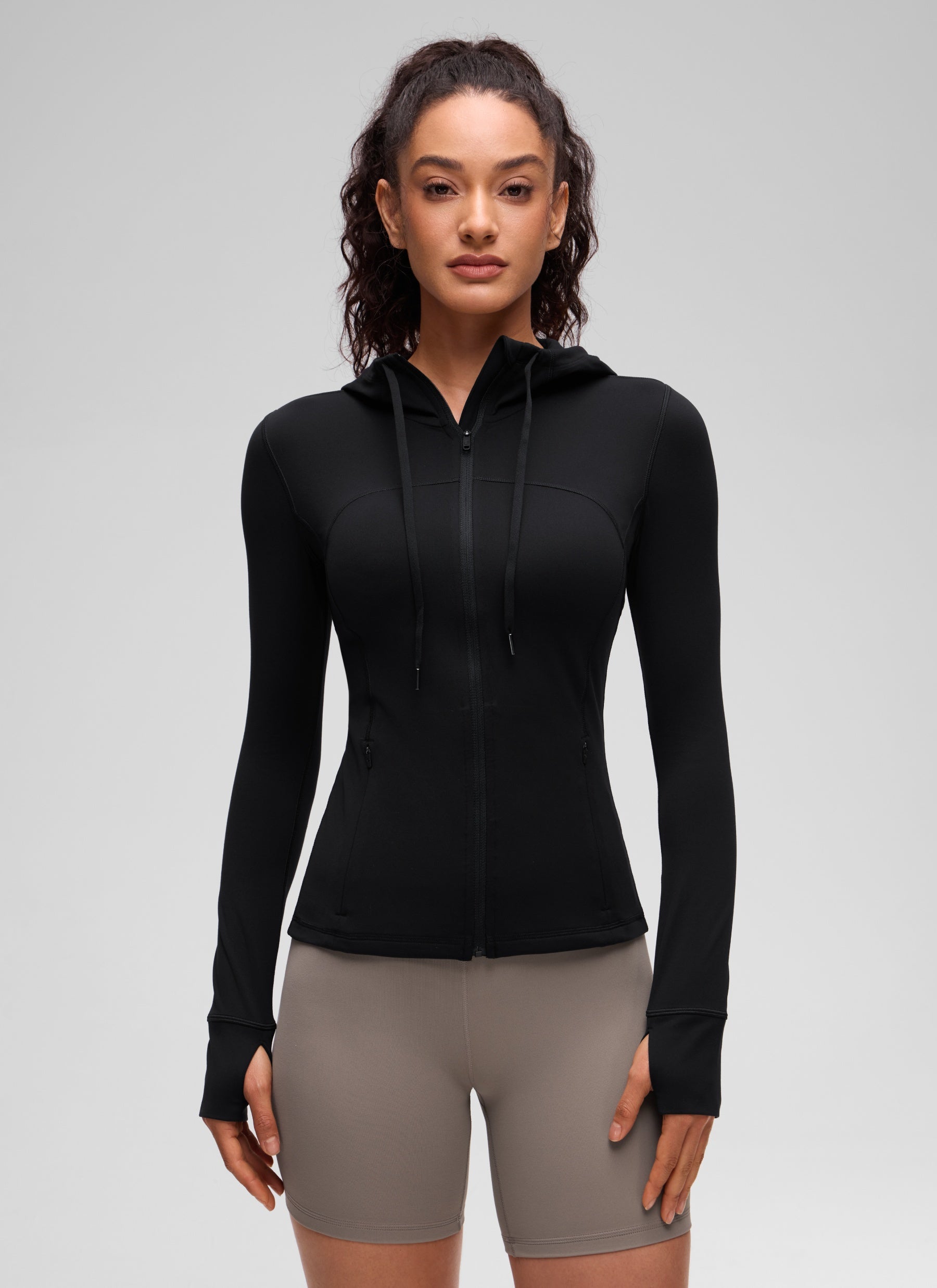 CRZ YOGA Damen Butterluxe Voll Reißverschluss Hoodie mit Daumenloch Schwarz