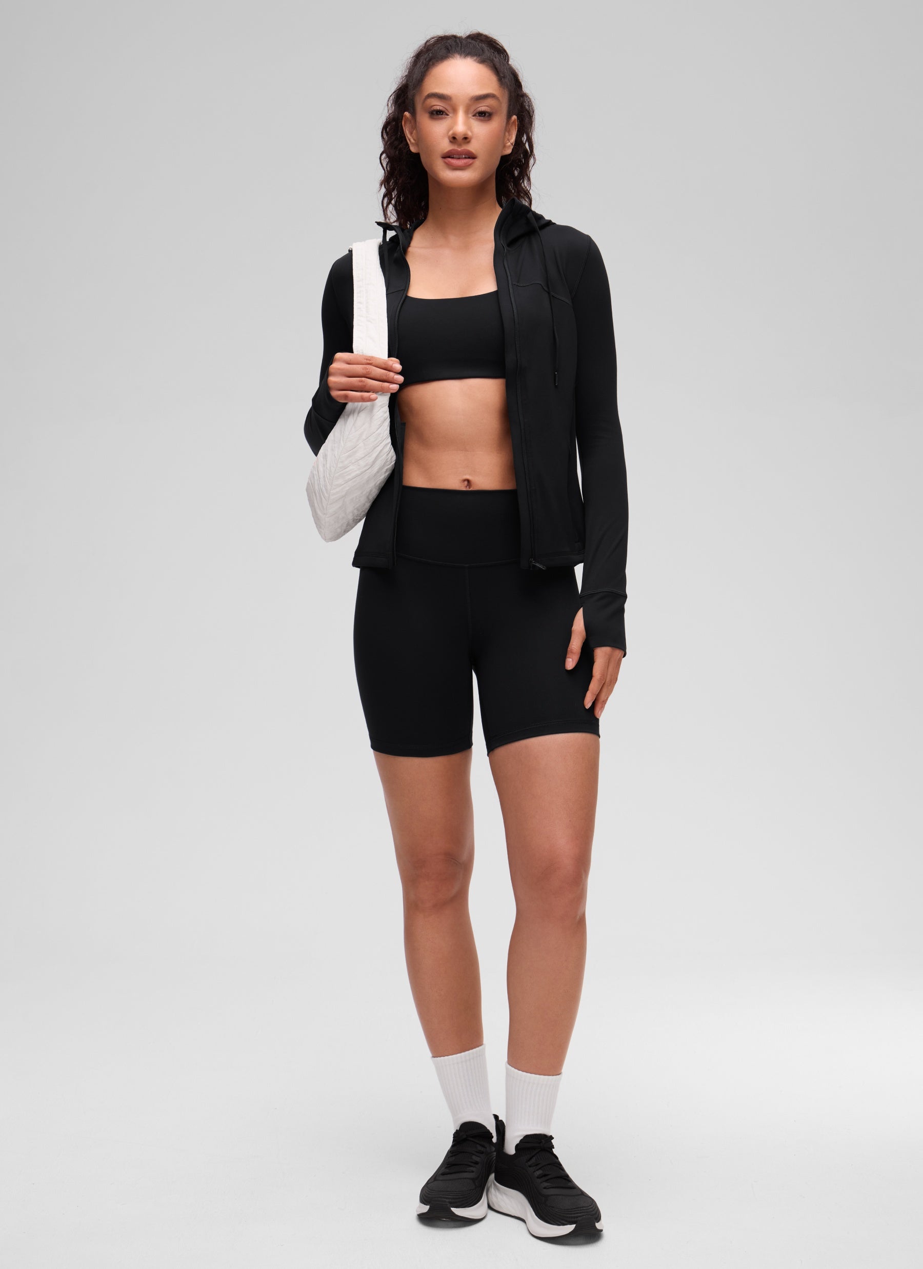 CRZ YOGA Damen Butterluxe Voll Reißverschluss Hoodie mit Daumenloch Schwarz