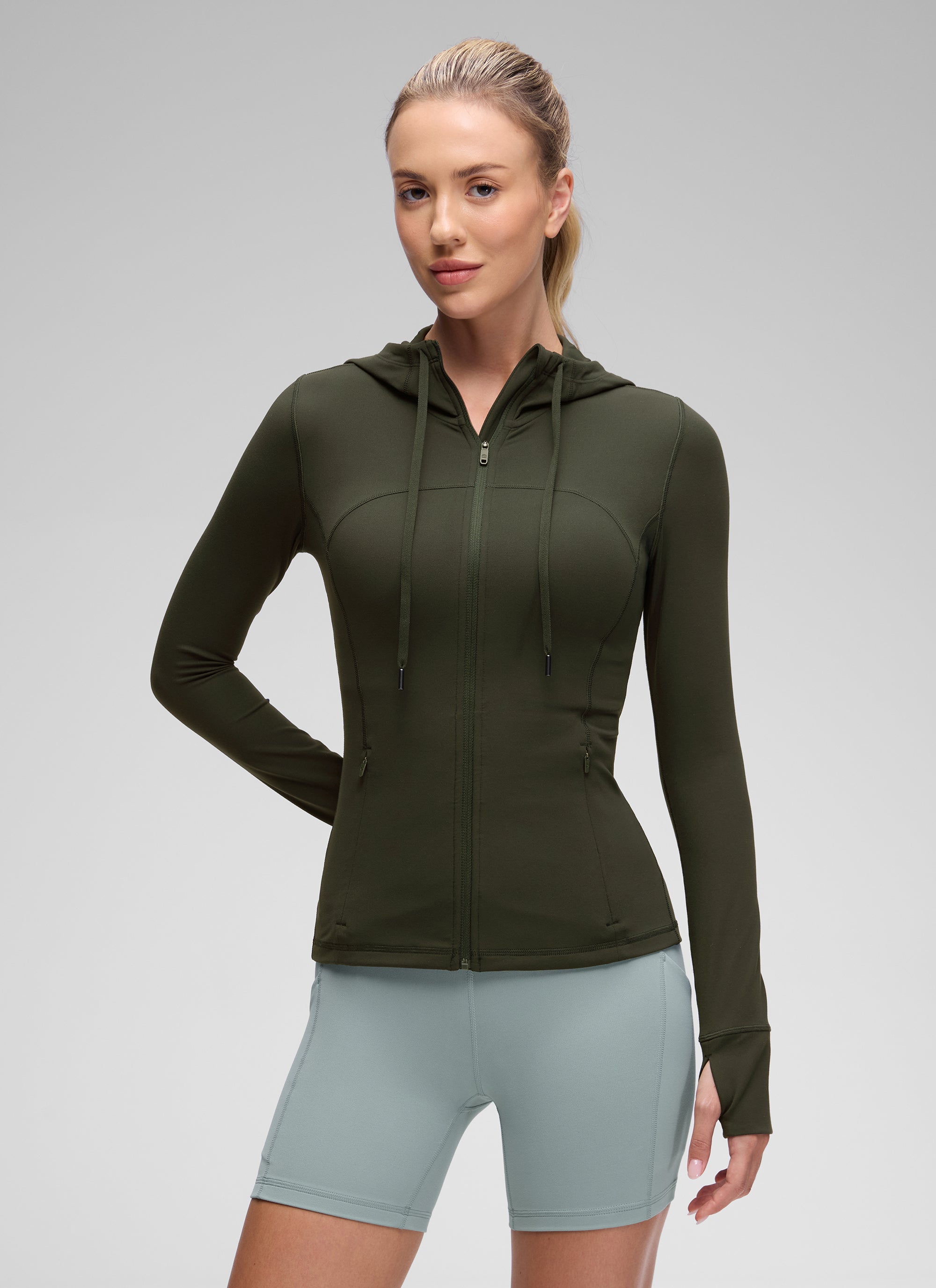 CRZ YOGA Damen Butterluxe Voll Reißverschluss Hoodie mit Daumenloch Olivgrün