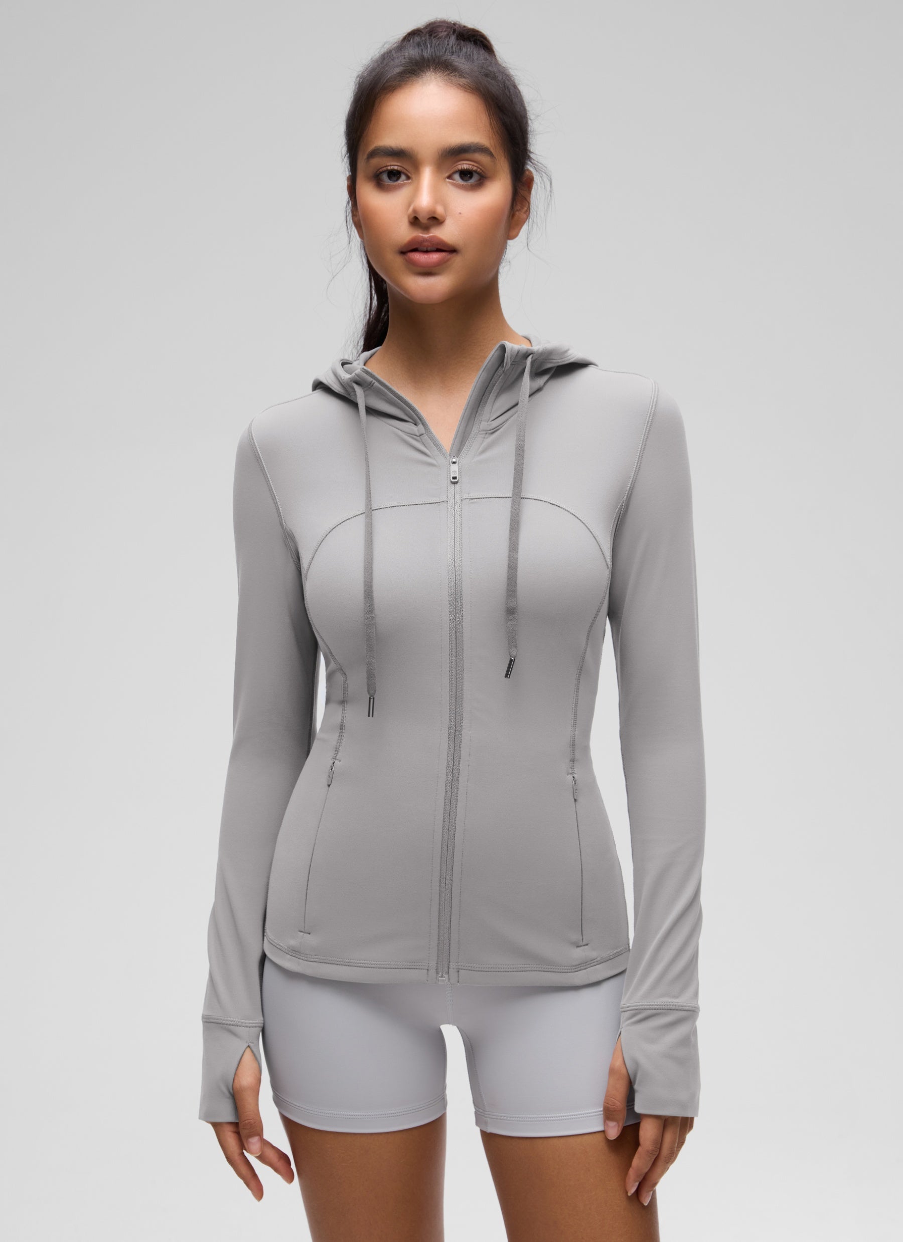 CRZ YOGA Damen Butterluxe Voll Reißverschluss Hoodie mit Daumenloch Möwe Grau