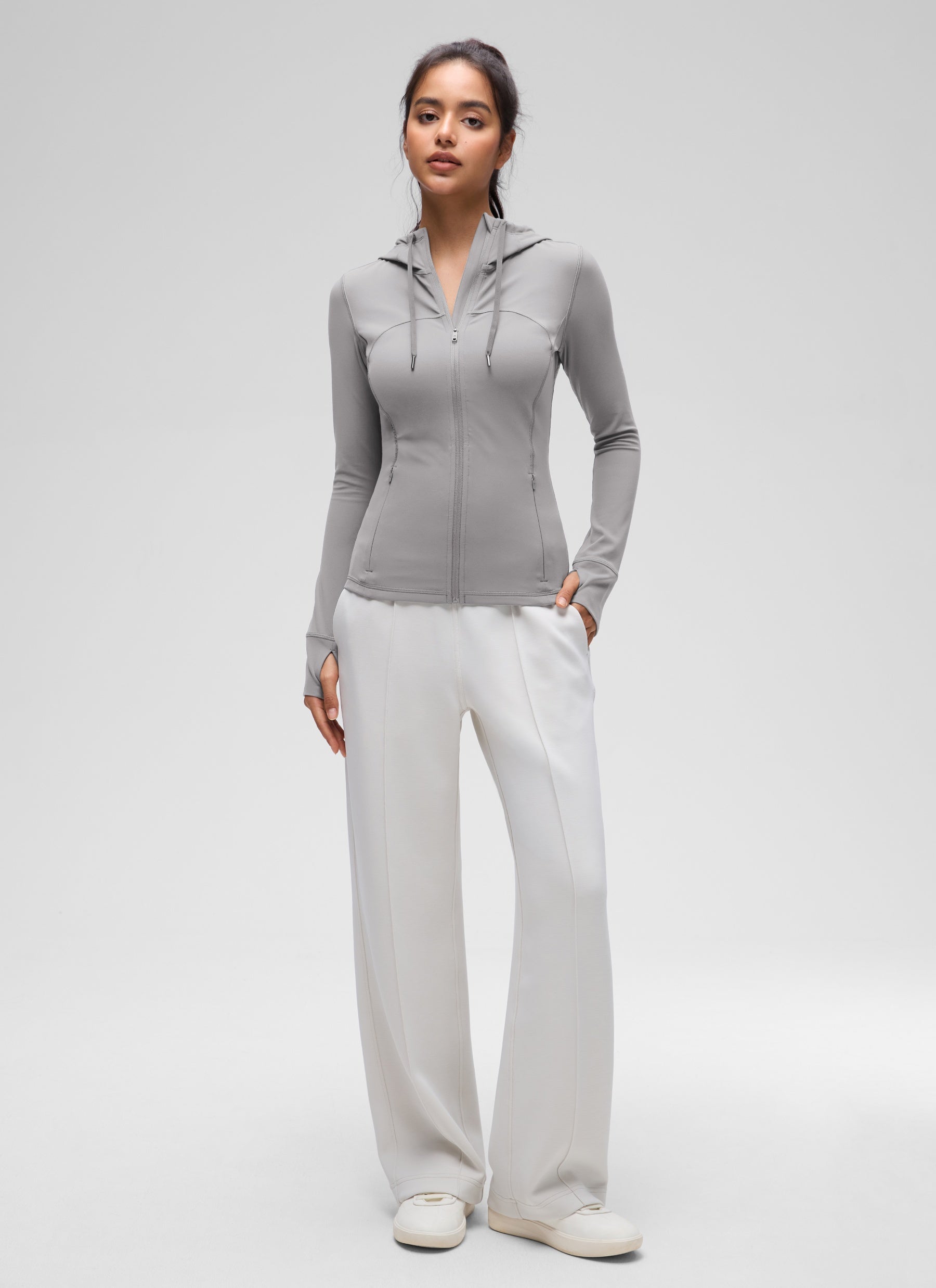 CRZ YOGA Damen Butterluxe Voll Reißverschluss Hoodie mit Daumenloch Möwe Grau