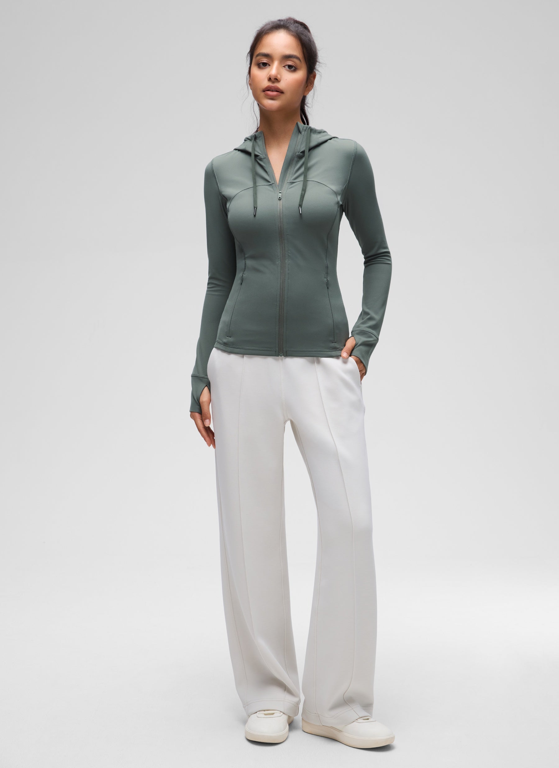 CRZ YOGA Damen Butterluxe Voll Reißverschluss Hoodie mit Daumenloch Grauer Salbei