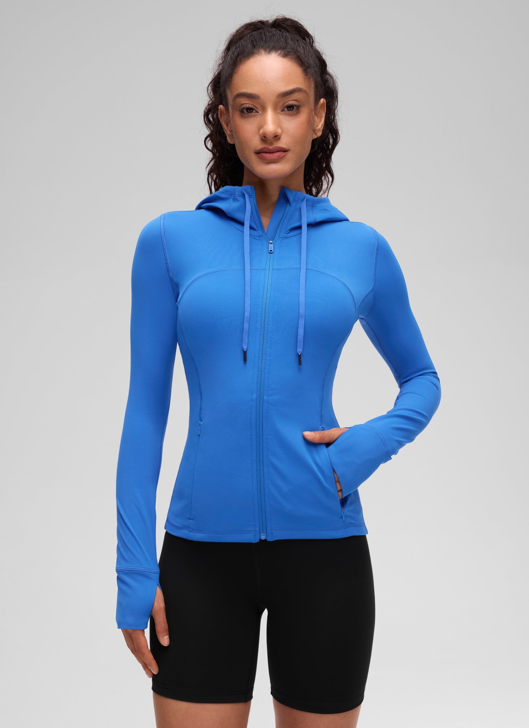 CRZ YOGA Damen Butterluxe Voll Reißverschluss Hoodie mit Daumenloch Funkelndes Blau