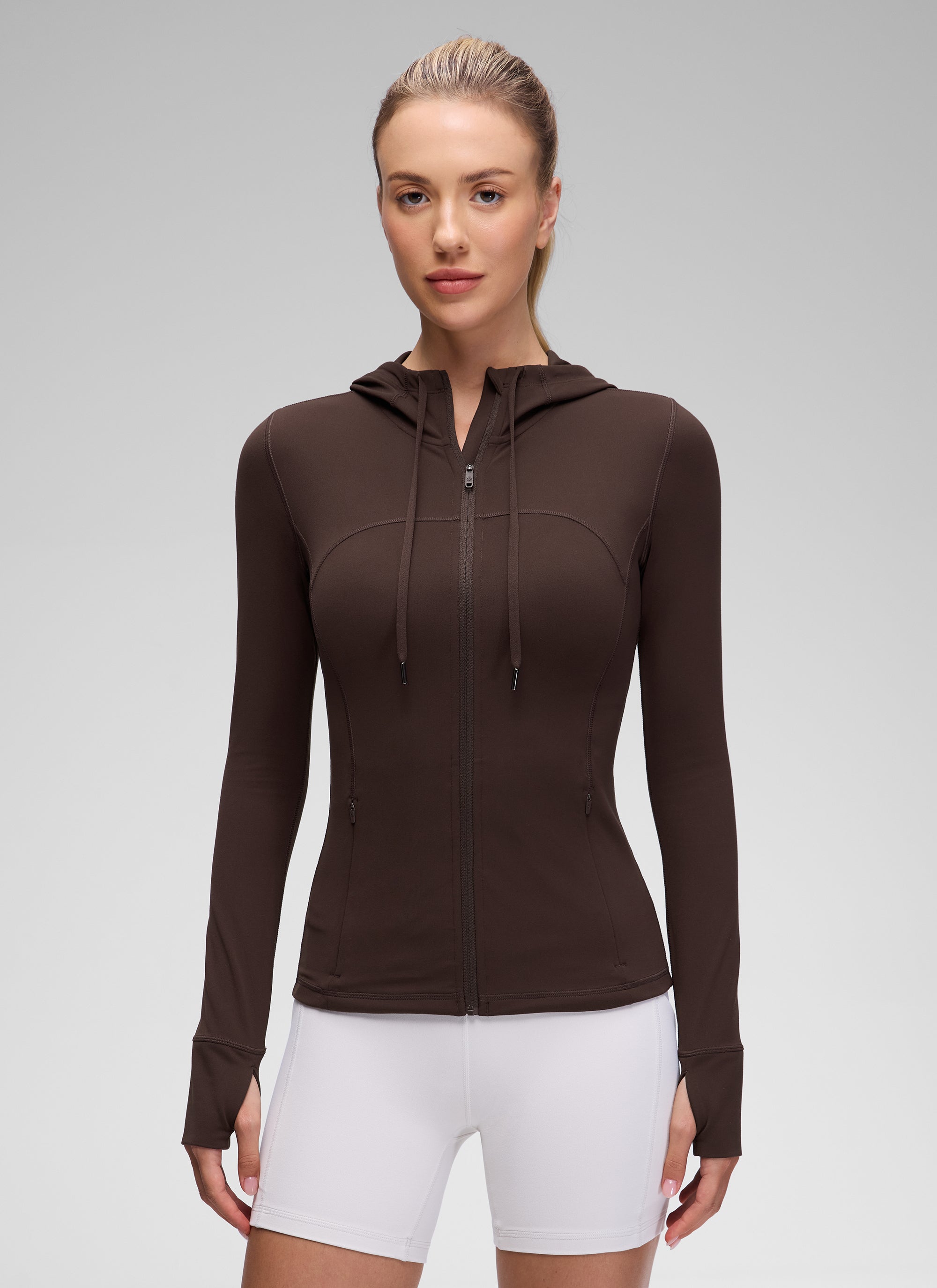 CRZ YOGA Damen Butterluxe Voll Reißverschluss Hoodie mit Daumenloch Heißes Fudge-Brown