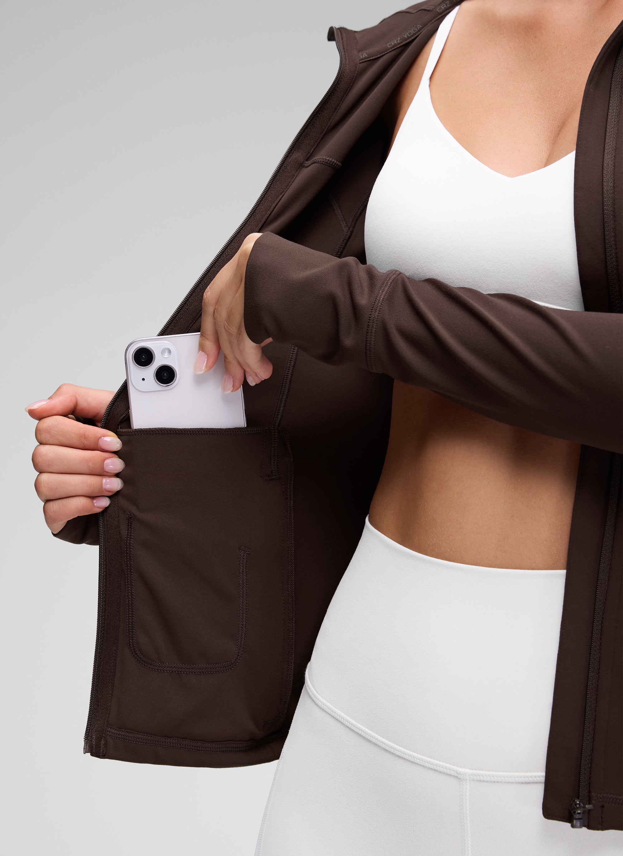CRZ YOGA Damen Butterluxe Voll Reißverschluss Hoodie mit Daumenloch Heißes Fudge-Brown