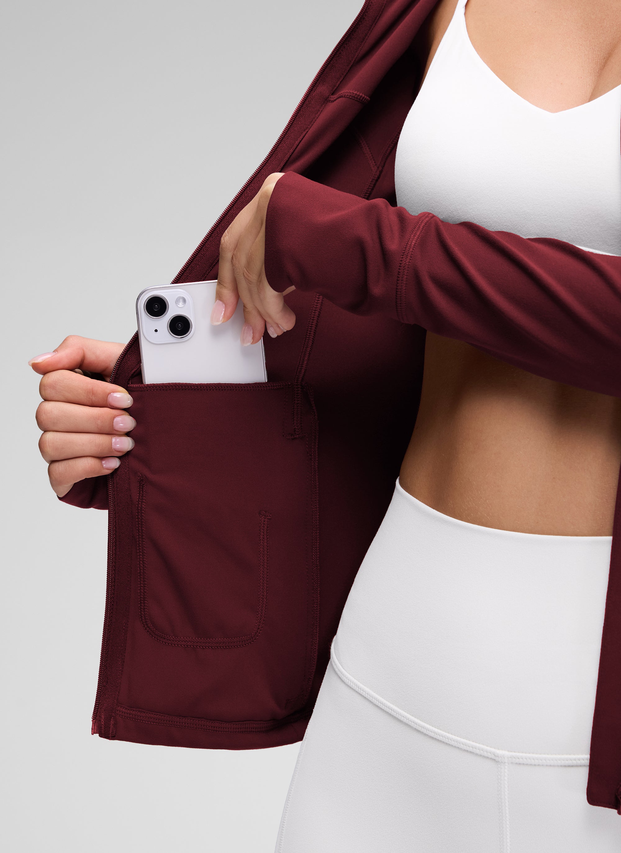 CRZ YOGA Damen Butterluxe Voll Reißverschluss Hoodie mit Daumenloch Roter Merlot