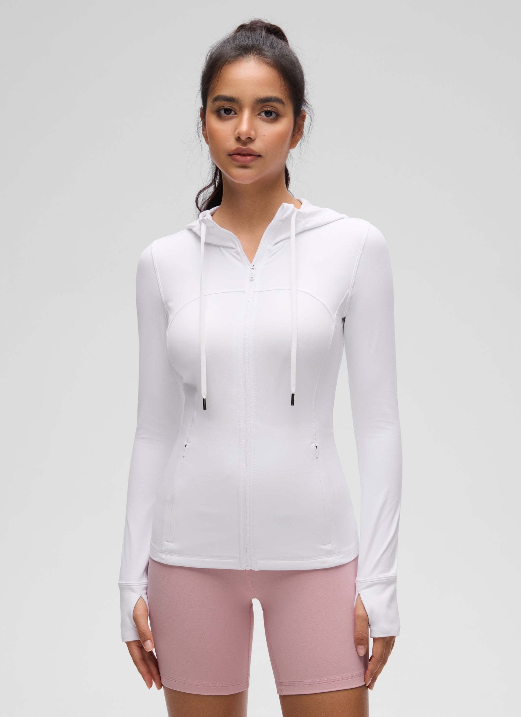 CRZ YOGA Damen Butterluxe Voll Reißverschluss Hoodie mit Daumenloch Weiss