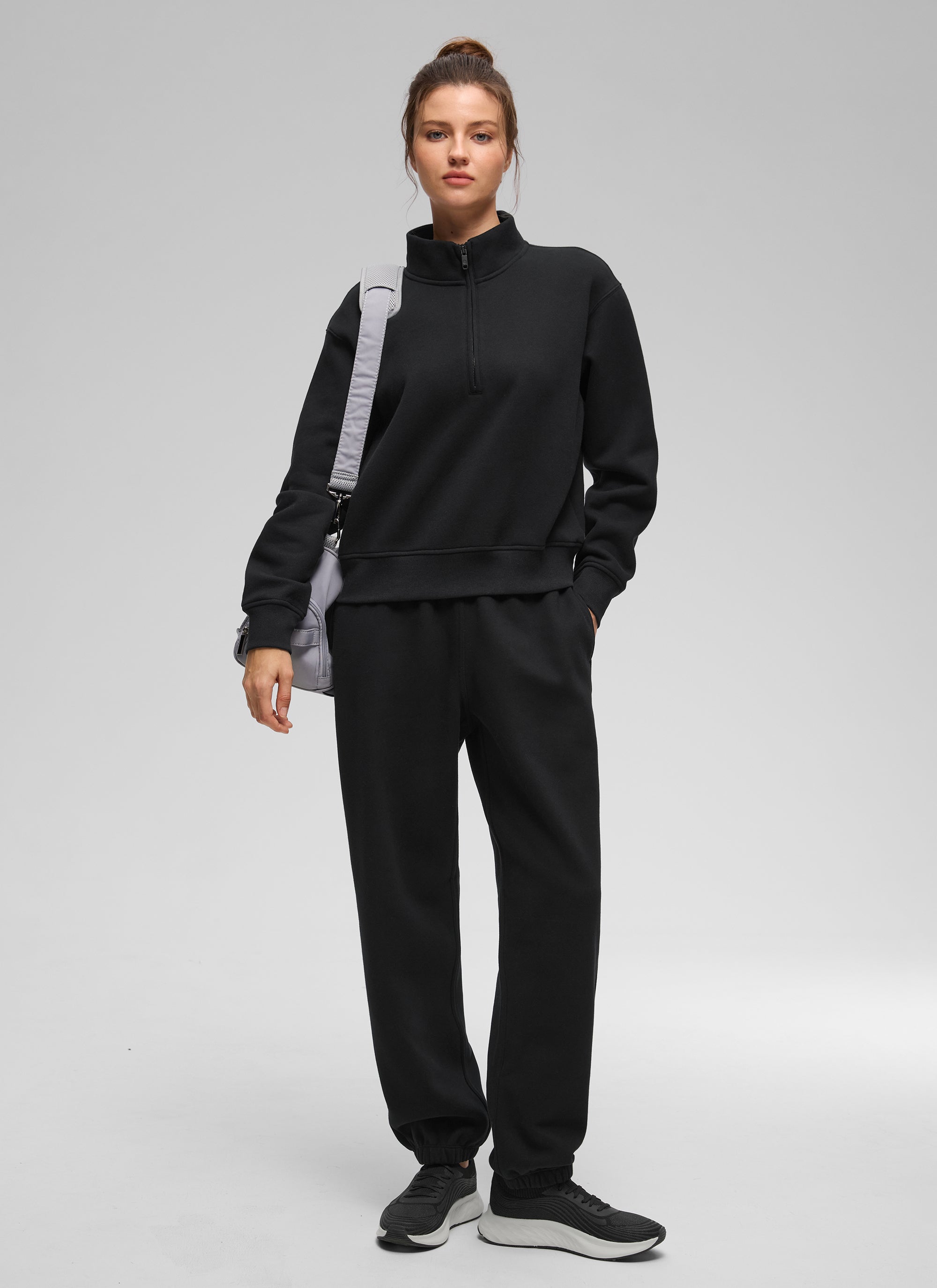 CRZ YOGA Damen Fleece Gefüttert Halber Reißverschluss Sweatshirt Schwarz @model_info:Kerr