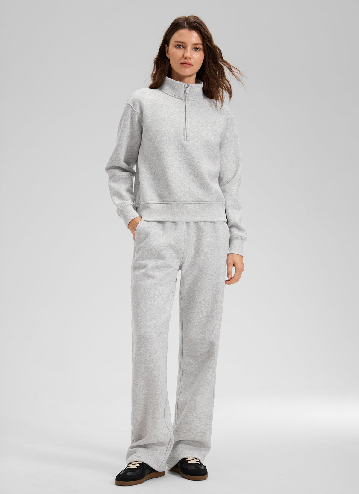 CRZ YOGA Damen Fleece Gefüttert Halber Reißverschluss Sweatshirt Taubengraues Heidekraut @model_info:Kerr