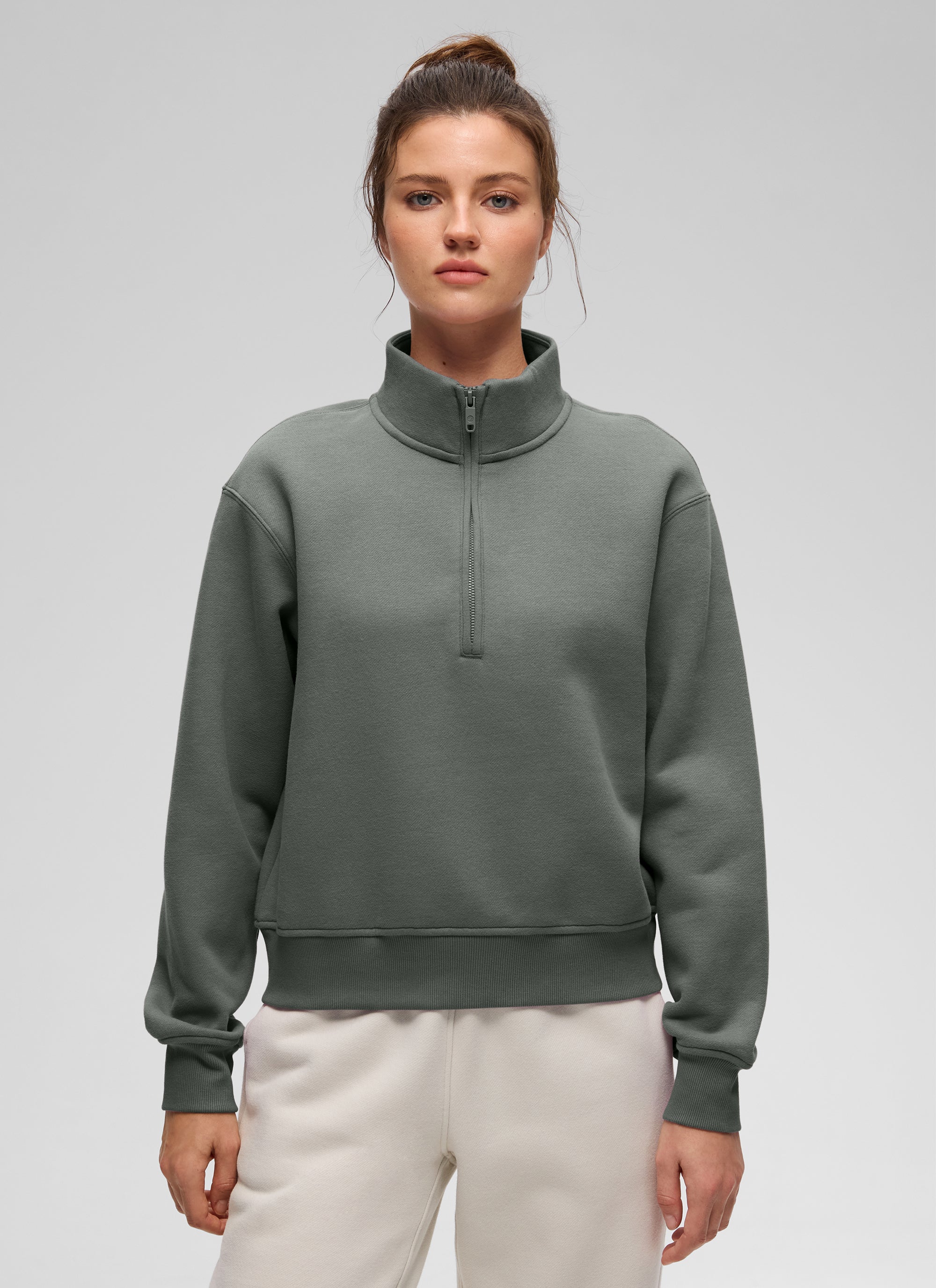 CRZ YOGA Damen Fleece Gefüttert Halber Reißverschluss Sweatshirt Grauer Salbei @model_info:Kerr