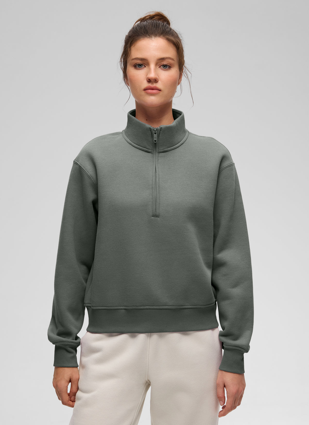 CRZ YOGA Damen Fleece Gefüttert Halber Reißverschluss Sweatshirt Grauer Salbei @model_info:Kerr